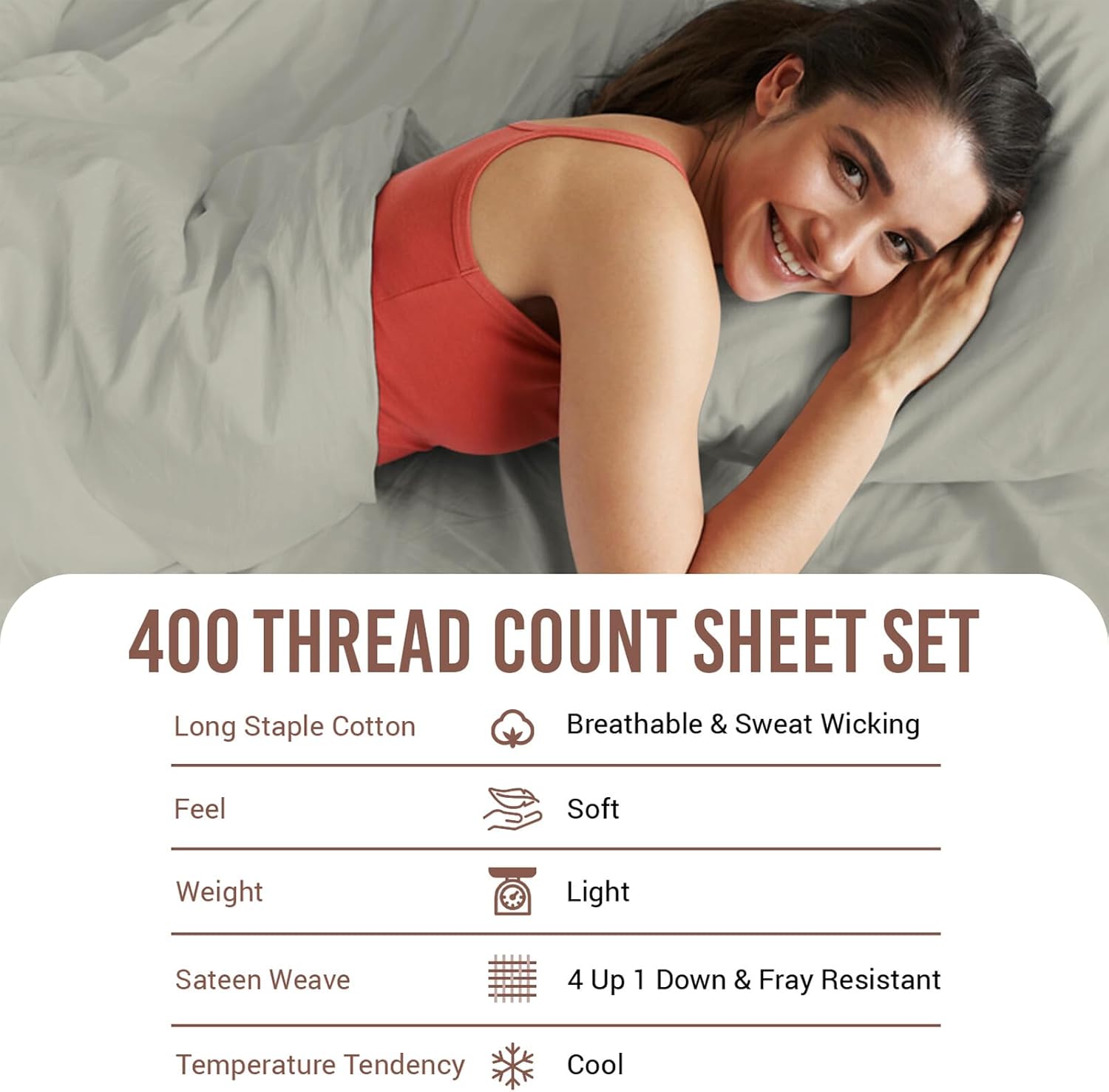 Pizuna Pure 100% Cotton Sheets Queen Size, Luxurious 400 Thread Count Long Staple Cotton Sateen Queen with 15inch Deep Pocket (Combed Silver Cotton Sheets Queen)