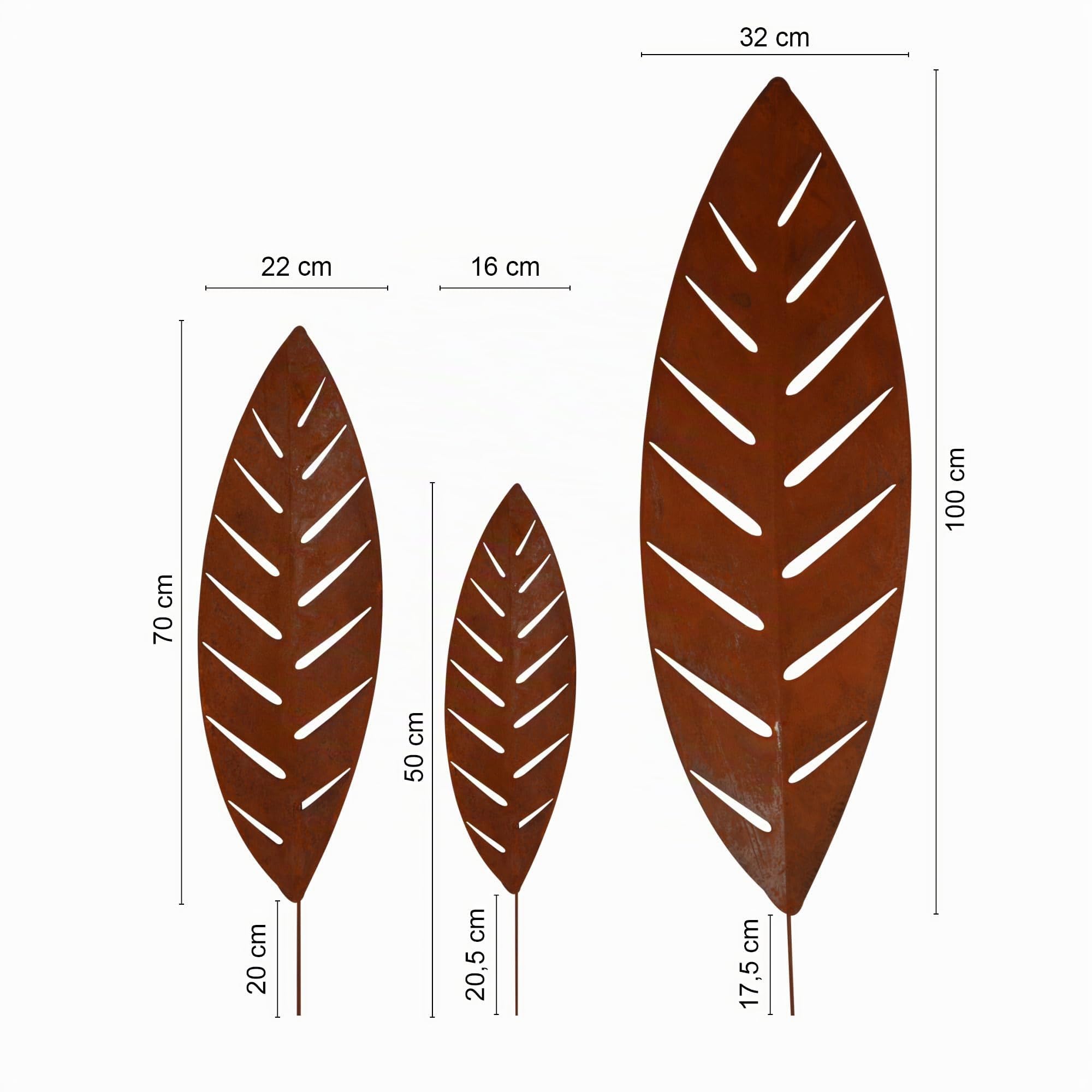 UNUS Set di 3 decorazioni da giardino con foglia di palma, effetto ruggine, foglie decorative in metallo arrugginito, per giardino, balcone, terrazza o vaso di fiori, resistente alle intemperie