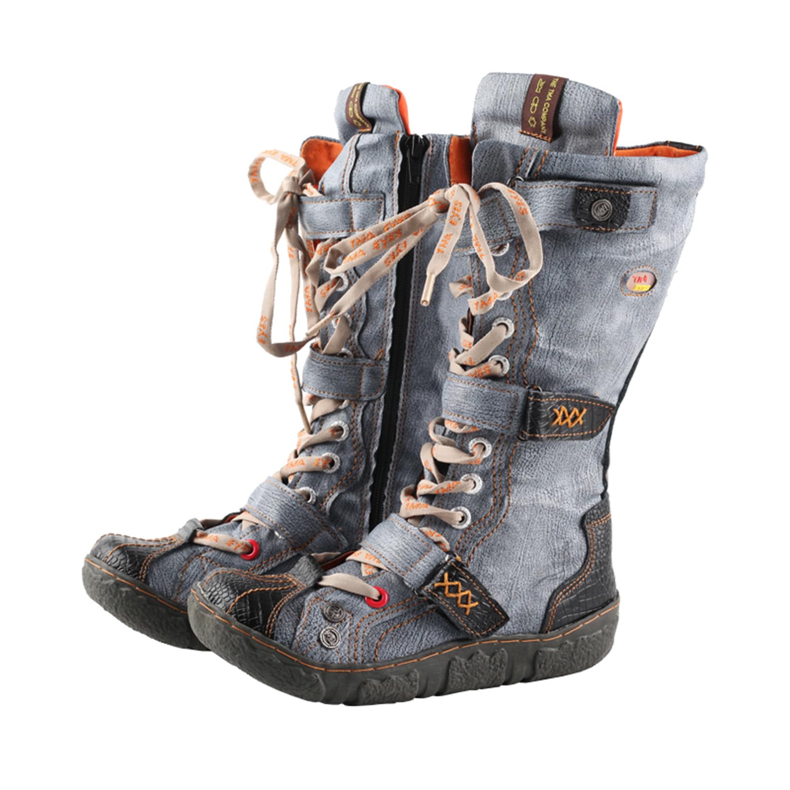 Y2K Vintage Denim Lace Up Womens Boots Soft Leather Sole Casual Knee High Fashion Boots For Outdoor Travel