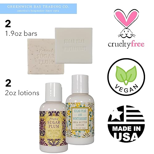 Miniatura 4 de Mini barra de jabón y muestra de loción navideña, pera de azúcar, bayas de invierno y ciruela esmerilada, juego de 4 enriquecidos con manteca de