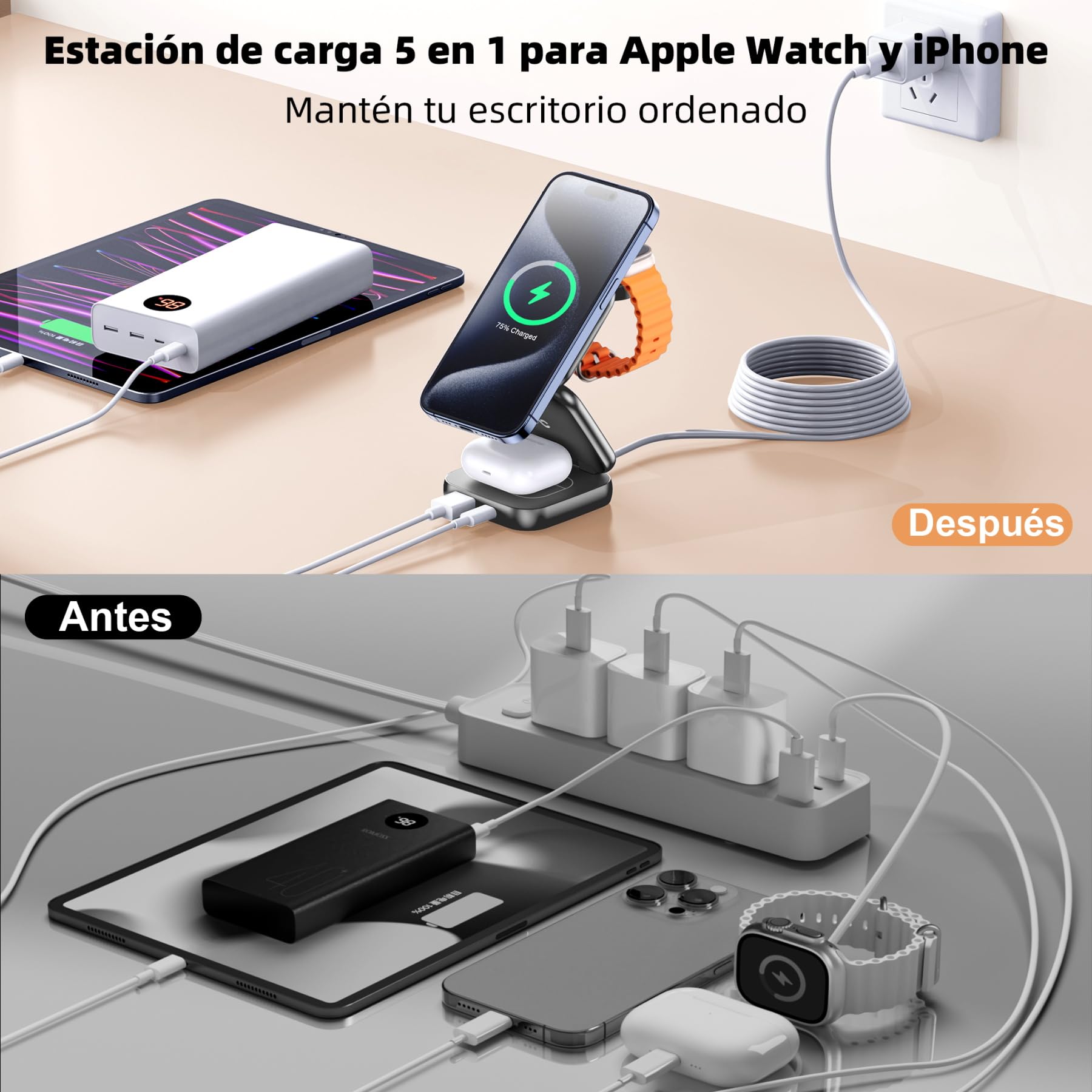 AC Island 2025 Cargador mag-Safe, Cargador inalámbrico 5 en 1 para iPhone, Estación de Carga Plegable para Viajes, Compatible con Las Series iPhone 17/16/15/14/13/12, Apple Watch y AirPods Pro(Gris)