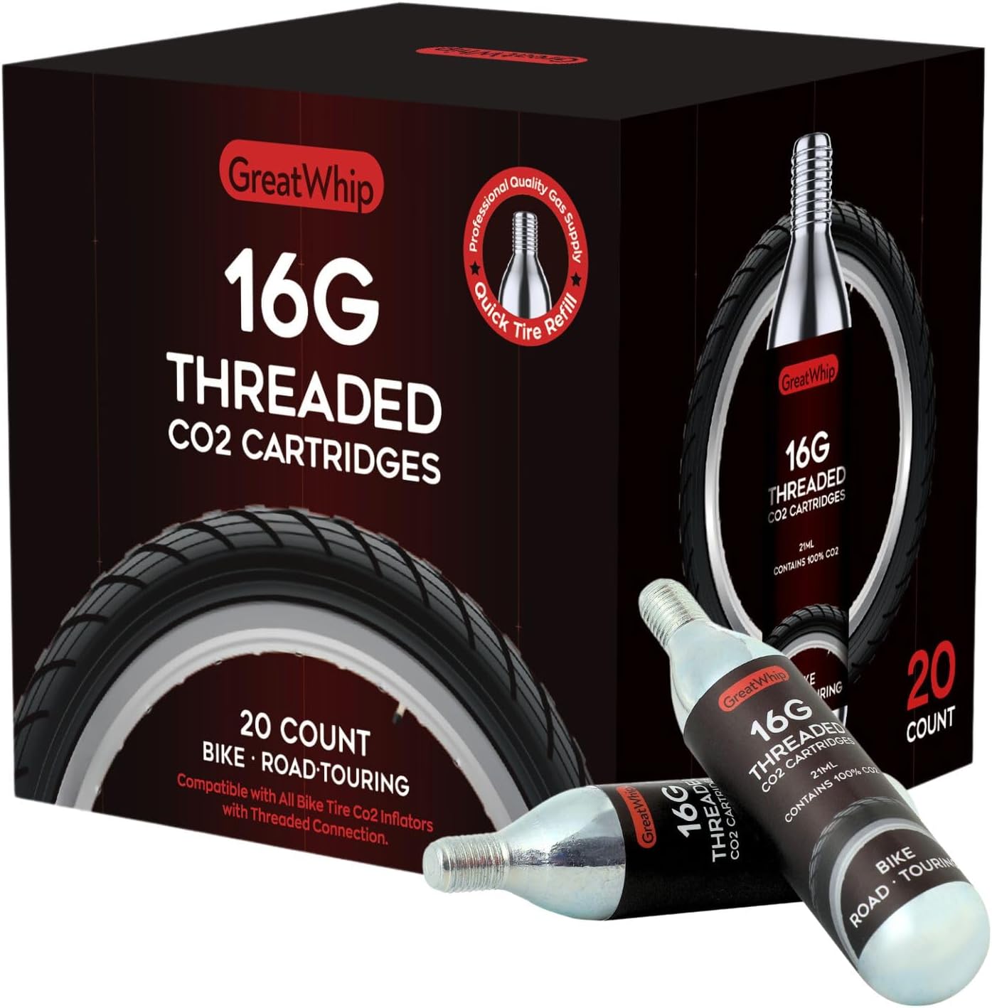 GreatWhip 16g Threaded CO2 Cartridges for Bike Tires