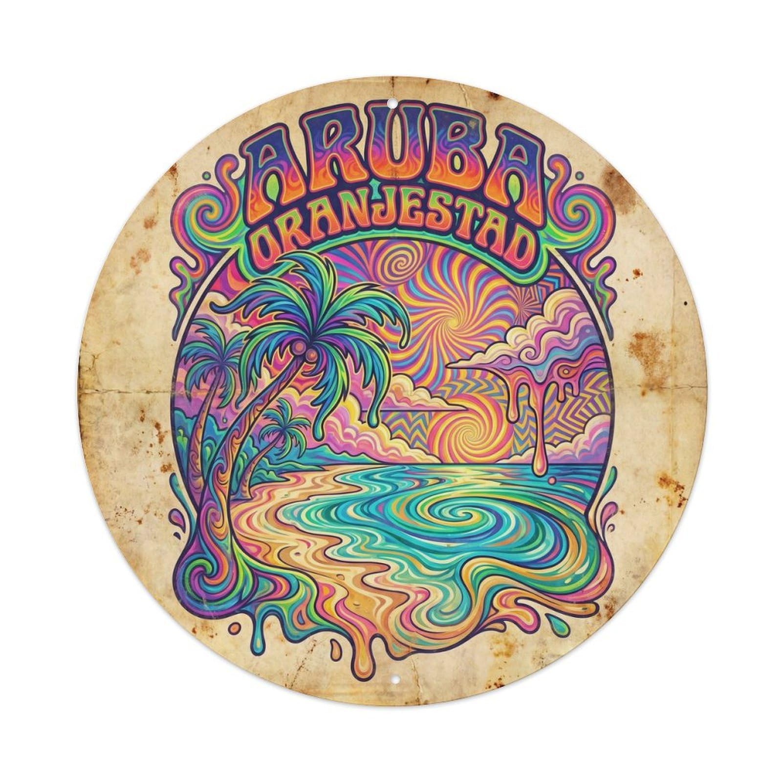 Olhnbad 08X08inch Style Aruba Oranjestad Tropical Coast Psychedelic Metal Tin Sign