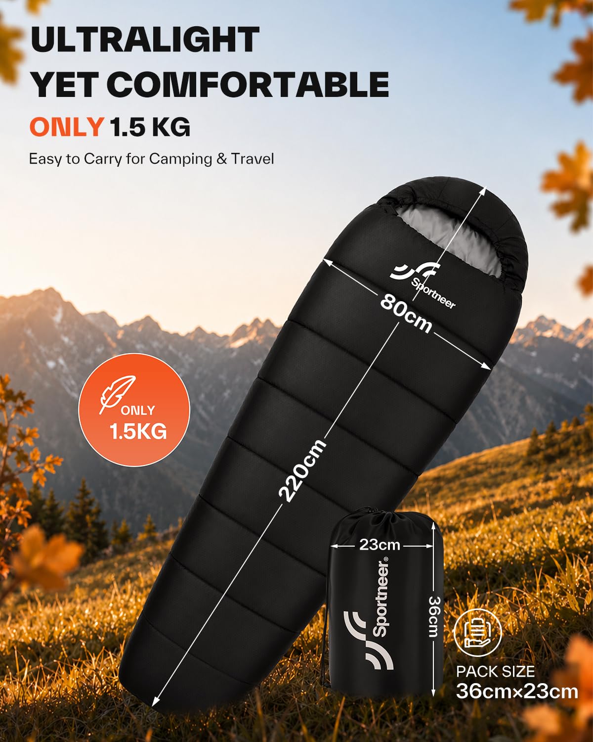 Sportneer Sac de Couchage, Couchage Sarcophage Adulte Léger et Compact, Sac de Couchage Camping Randonnée avec Capuche, Cordon de Serrage