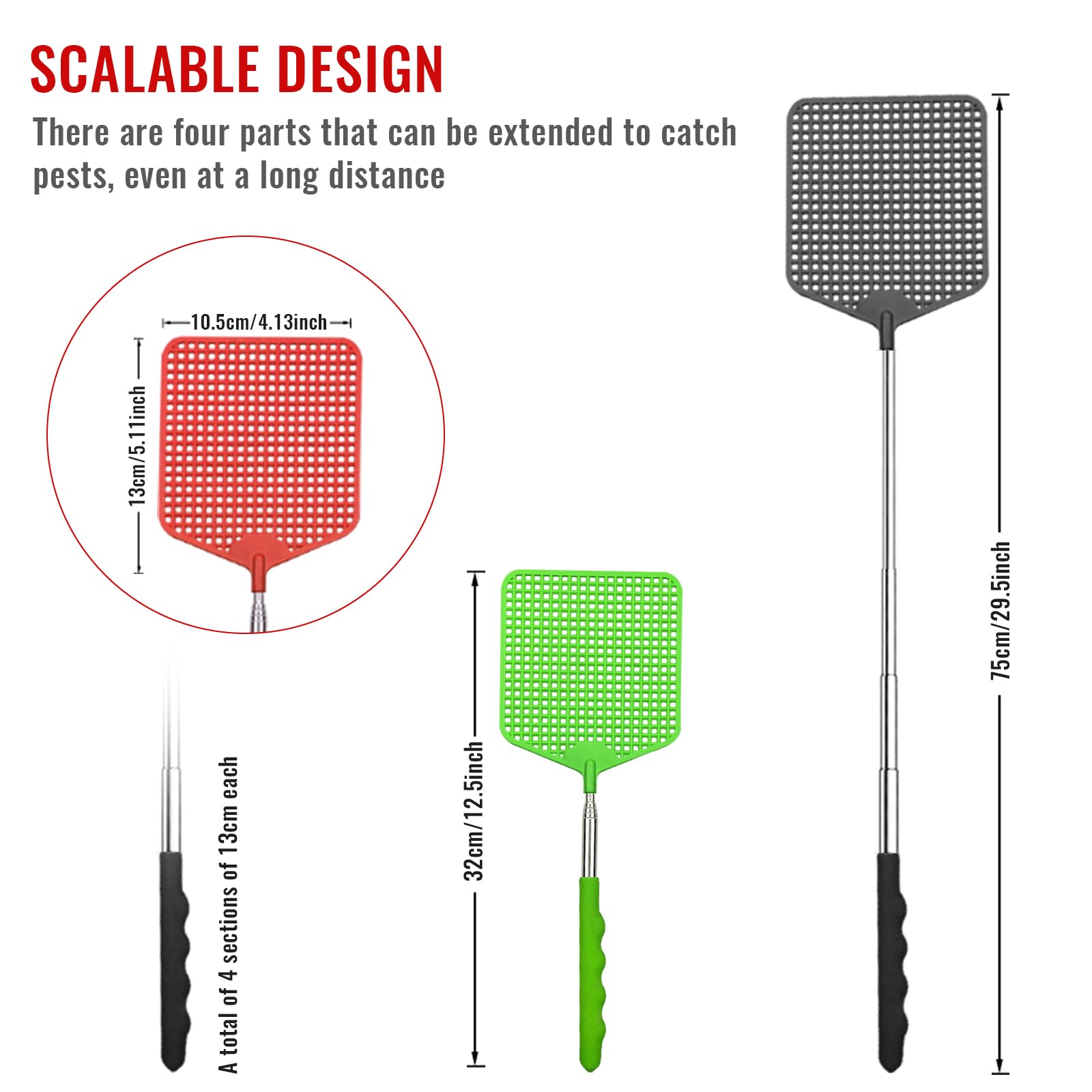 3 Pezzi paletta mosche,Estensibile Colorato Manuale Paletta Mosche,Portatile Scacciamosche Plastica,Paletta Mosche con Manico in Acciaio Inossidabile,per Mosche,Zanzare e Insetti(Negro,Verde,Rosso)