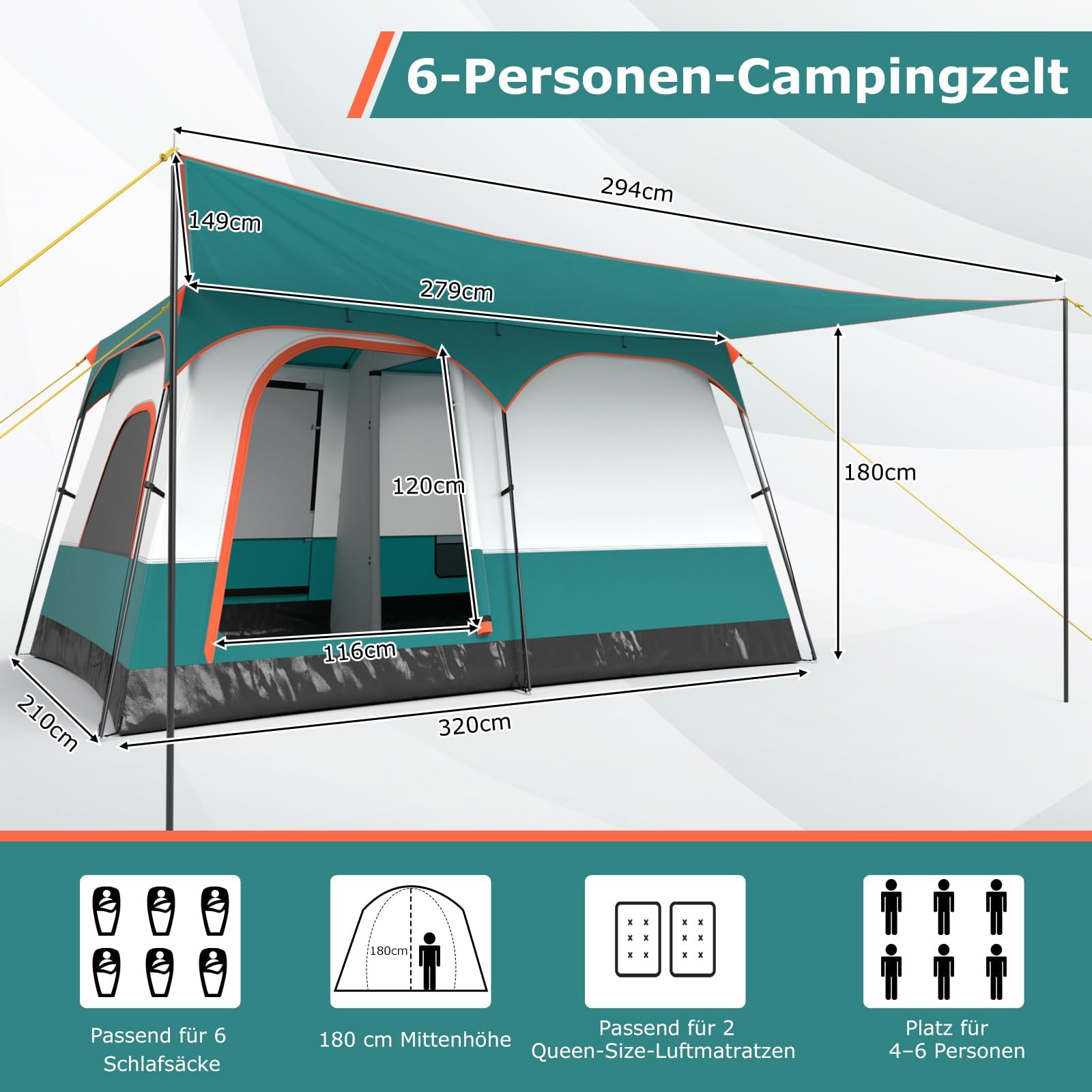 GYMAX Tunnelzelt 4-10 Personen, Wasserdicht 3000mm, Stehhöhe 1,8-2m, Camping Zelt mit 2 Eingänge, Vordach & abnehmbares Doppeldach, große Familienzelt für Camping, Reise & Trekking