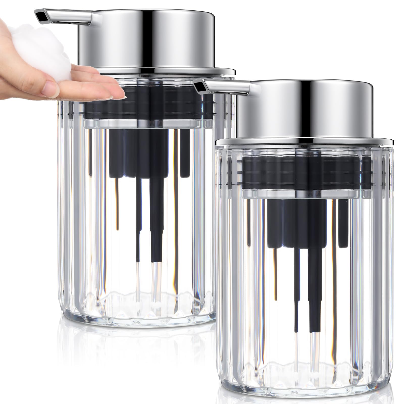 Potchen 2 Pcs Clear Refillable Foaming Hand Soap Dispenser 10 oz Foam Hand Soap Dispenser Plastic Lotion Foaming Soap Dispenser Pump with Silver Pump for Bathroom Vanities or Kitchen Sink