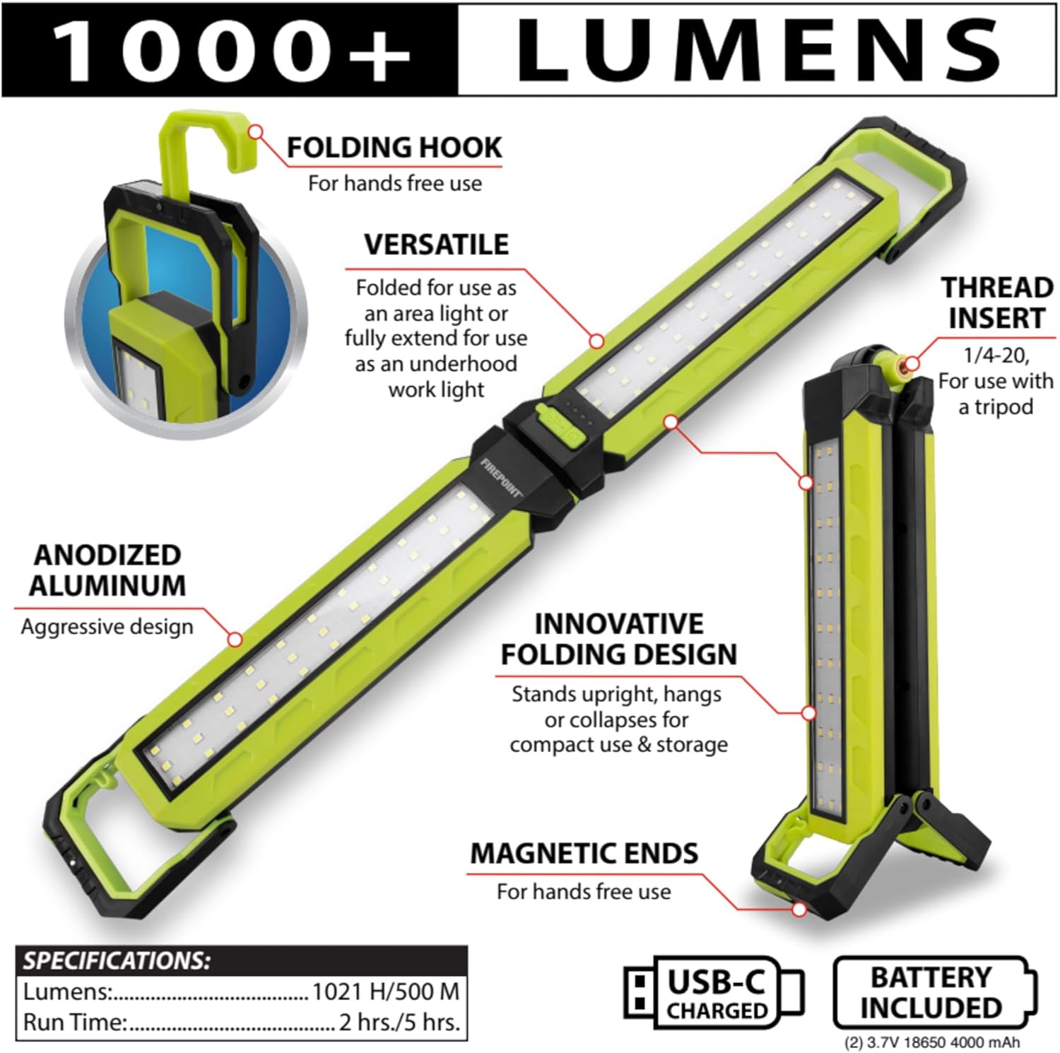 Performance Tool W2697 FIREPOINT 1000+LM Rechargeable Folding Underhood Light - Foldable, Rechargeable, Magnetic Base, SMD LEDs, Green/Black