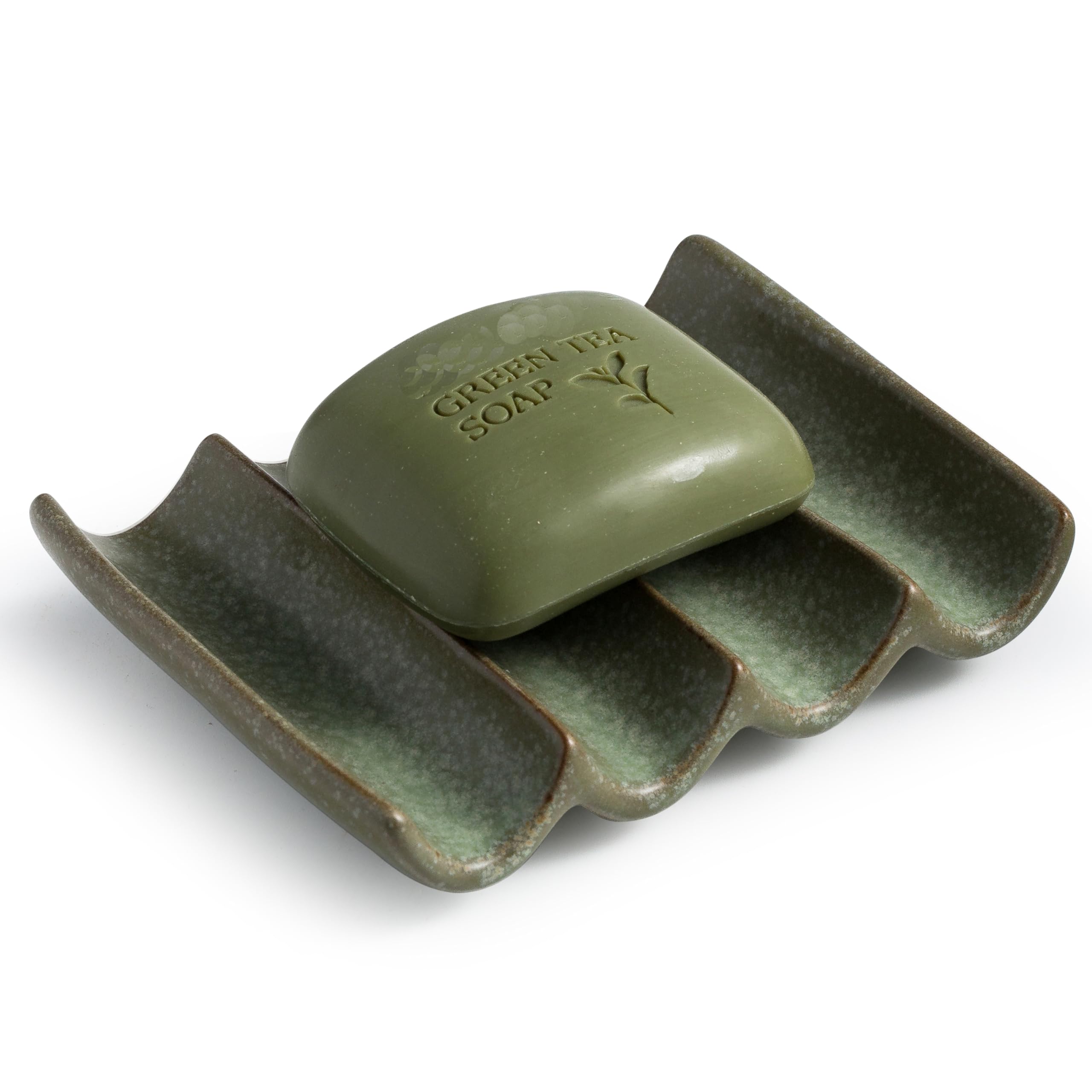 Cormomu Draining Ceramic Soap Dish - Fluted Design, Bar Soap Holder for Shower & Bathroom, Soap Saver Sponge Lift, Green