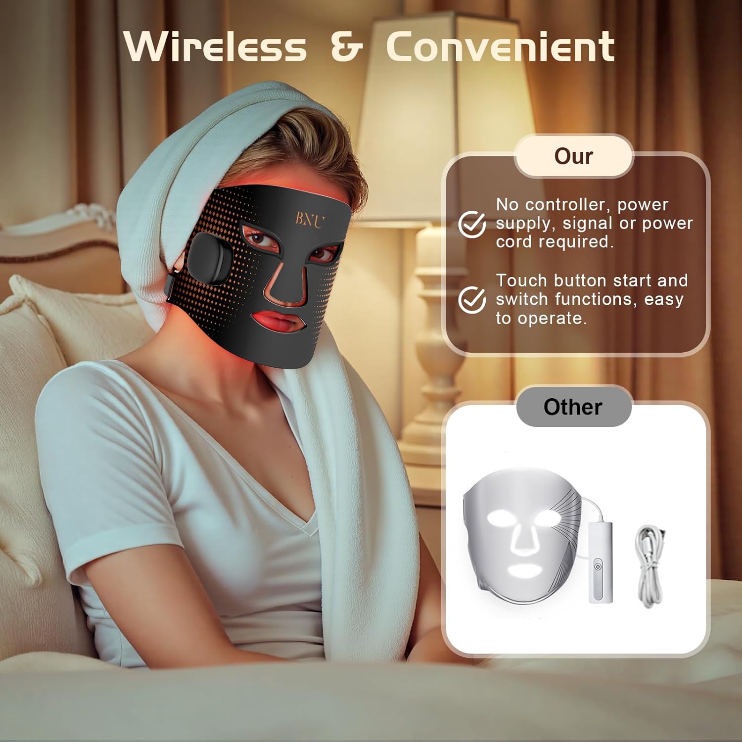 BNU Wireless Red Light Therapy for Face, 4 Modes LED Light Therapy Mask with 400 LED Beads, Dual 1000mAh Remote Control, 850NM Infrared Red Light Therapy for Anti-Aging at Home & Travel - Image 6
