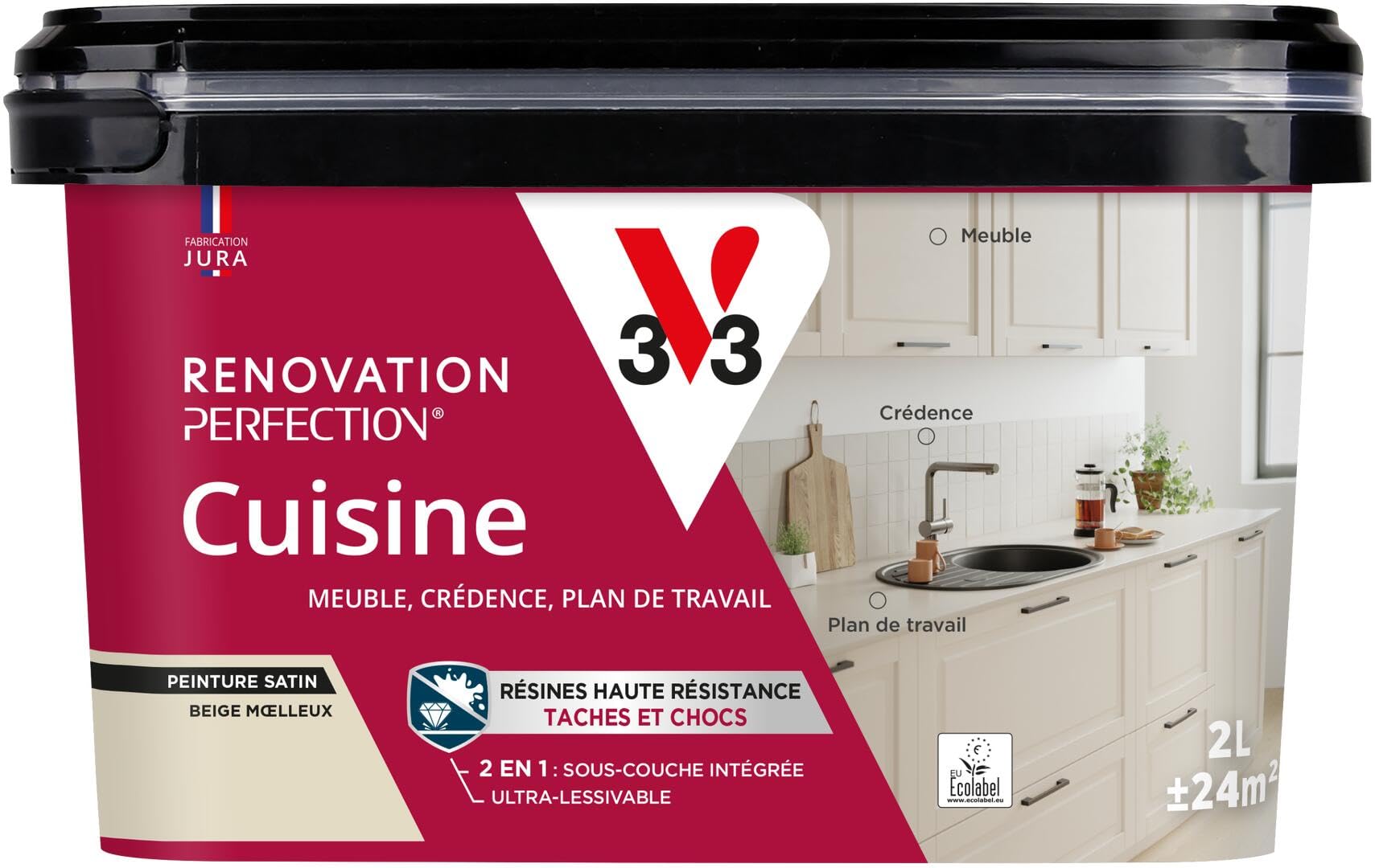 V33 Peinture Cuisine - Rénovation Perfection® - Haute Résistance taches et Chocs - Ultra-Lessivable - Meuble - Crédence - Plan de travail - Beige Moelleux satin - 2L