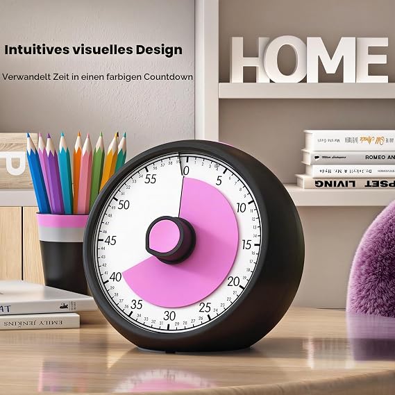 Conchstar Time Timer Visual Timer Children's 60 Minute Countdown Timer - Ideal for ADHD & Autism Homework School Classroom & Kitchen Cooking (Black Pink)