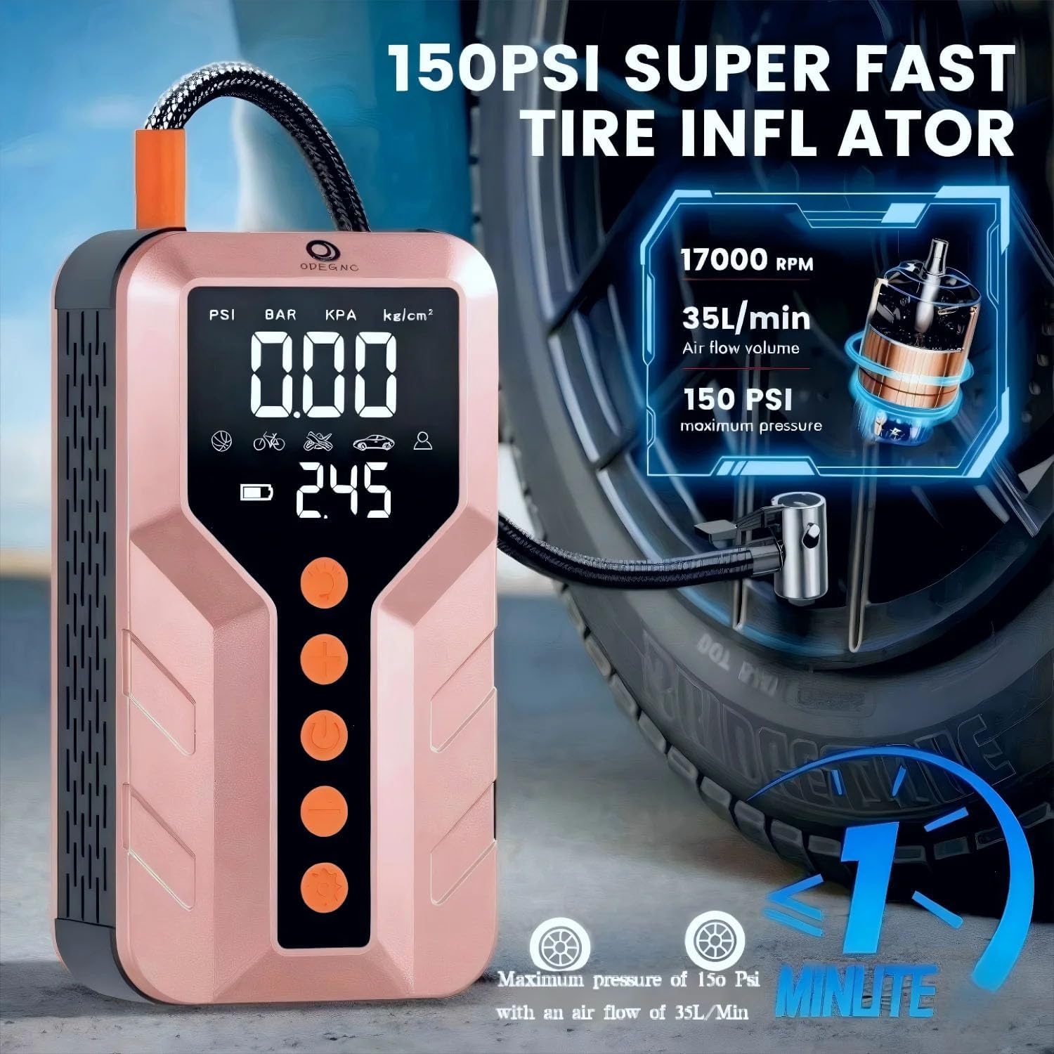 Jump Starter with Air Compressor for All-Terrain Vehicles, Light Pink, Lithium Ion, 12 Volts, 6000 Amps
