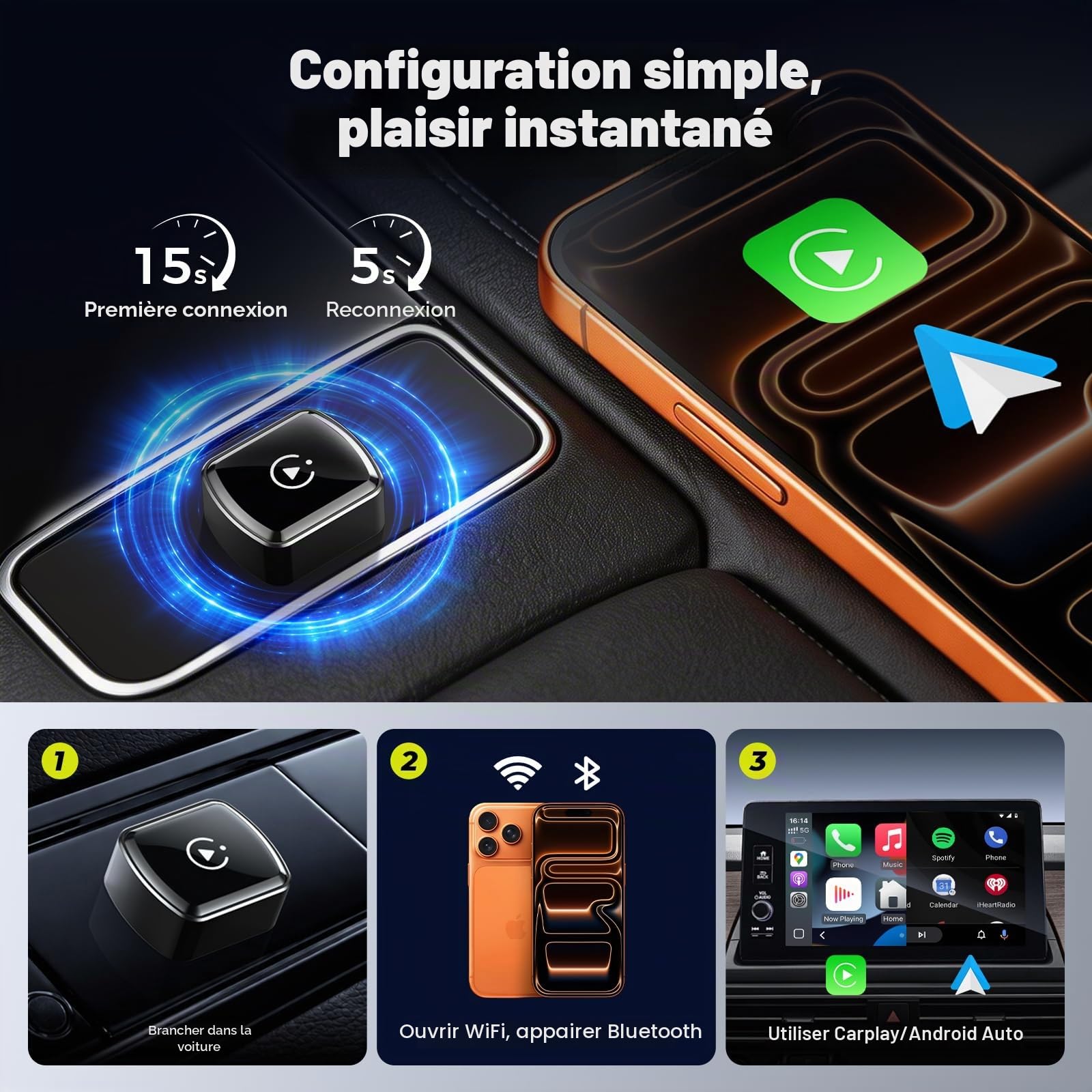 LAMTTO Adaptateur CarPlay sans Fil pour iPhones&Android Auto avec AirPlay/Miracast,Convertit Car Play Filaire en sans Fil Plug&Play,Compatible Uniquement avec Les Véhicules équipés de CarPlay Filaire