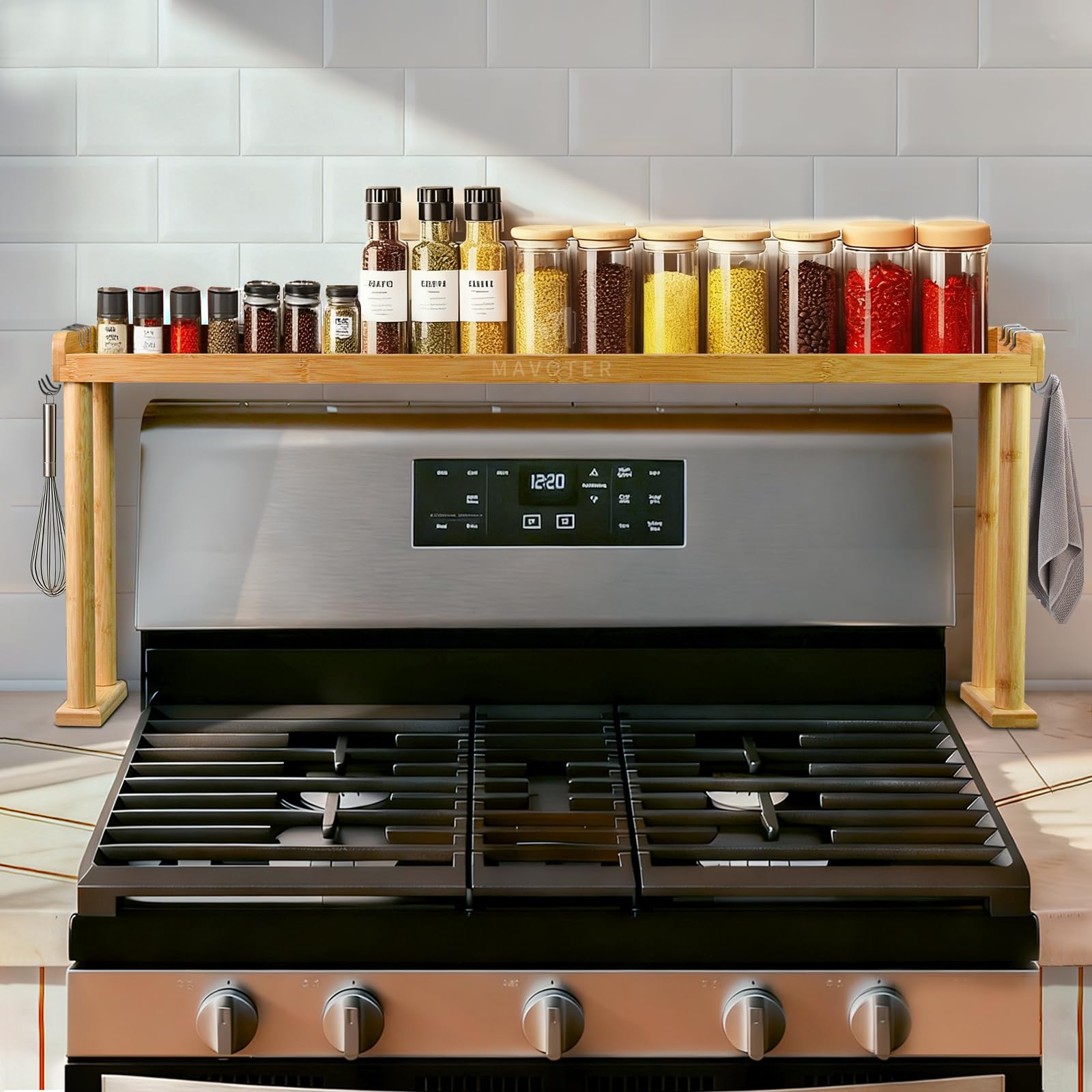 Over The Stove Top Shelf for Kitchen Bamboo Spice Rack Organizer for Back of Stove with Protective Lips & 6 Hooks