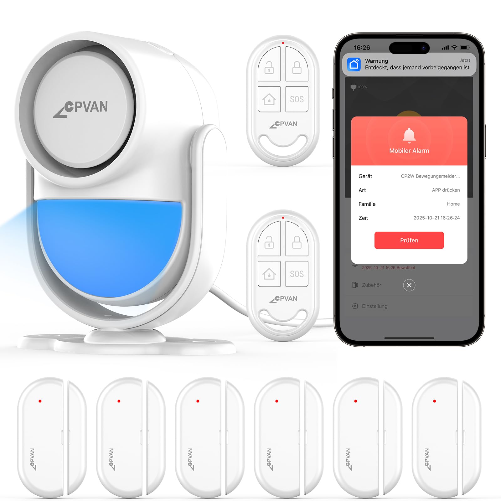 CPVAN WiFi Alarmanlage Haus mit PIR-Bewegungsmelder,Drahtloses DIY-Smart-Alarmsystem mit 6 Tür-/Fenstersensoren für Sicherheit – Lokalaler Alarm & App-Benachrichtigung, Weiß