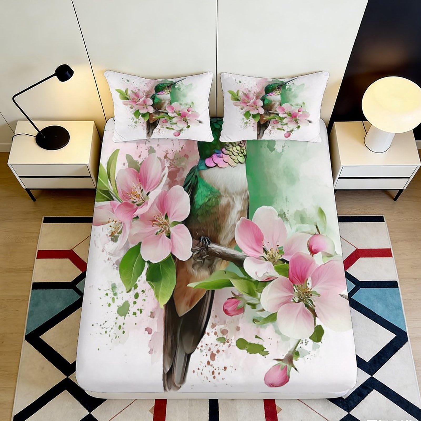 3D Printed Hummingbird Blossom Fitted Sheet Microfiber Soft Floral Mattress Cover for Bedroom Guest Room Decor 90x200x25cm