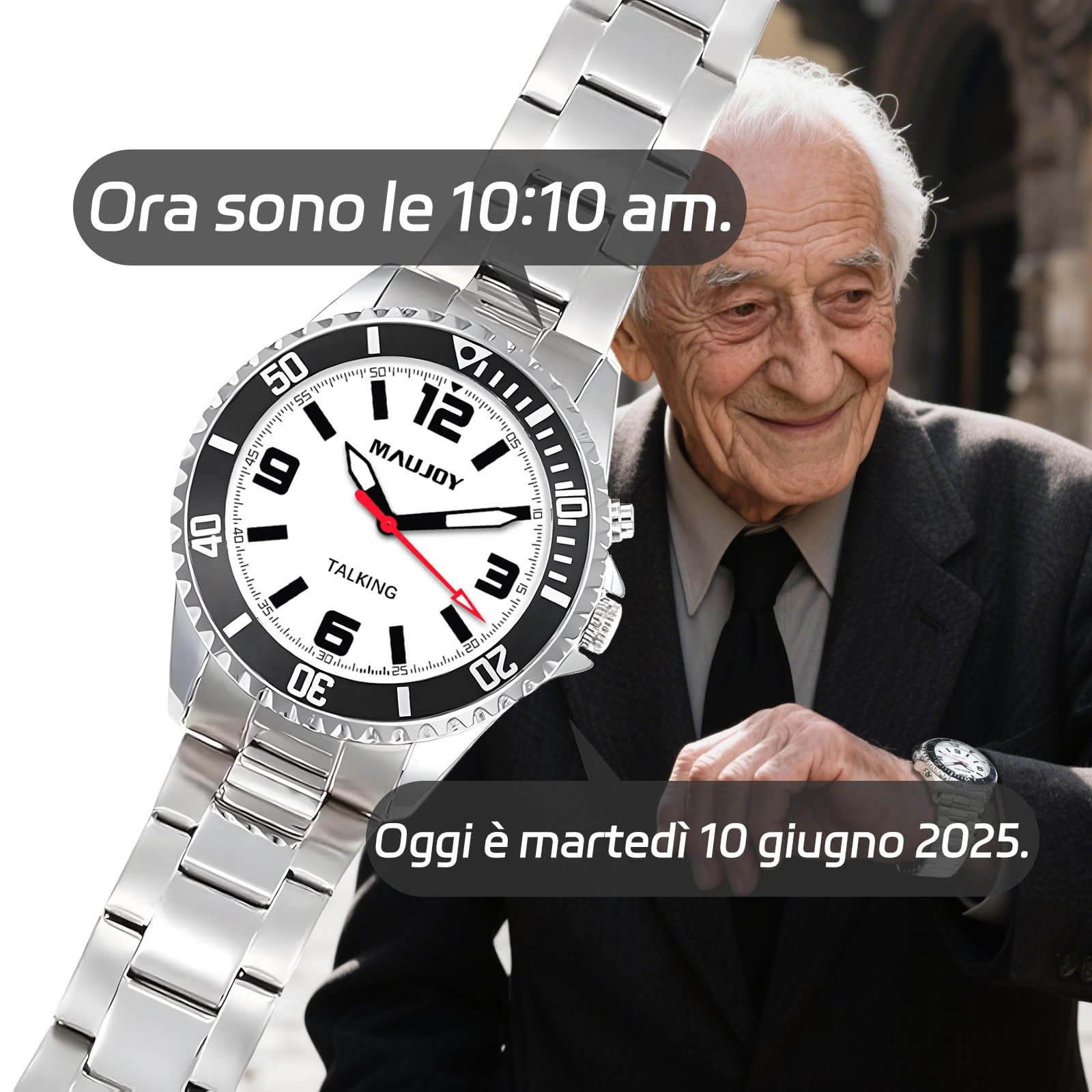通用 MAUJOY Uomo Orologio Parlante in Italiano con Sveglia e Relazione oraria,annuncio ora e data con giorno della settimana Per anziani e non Vedenti.