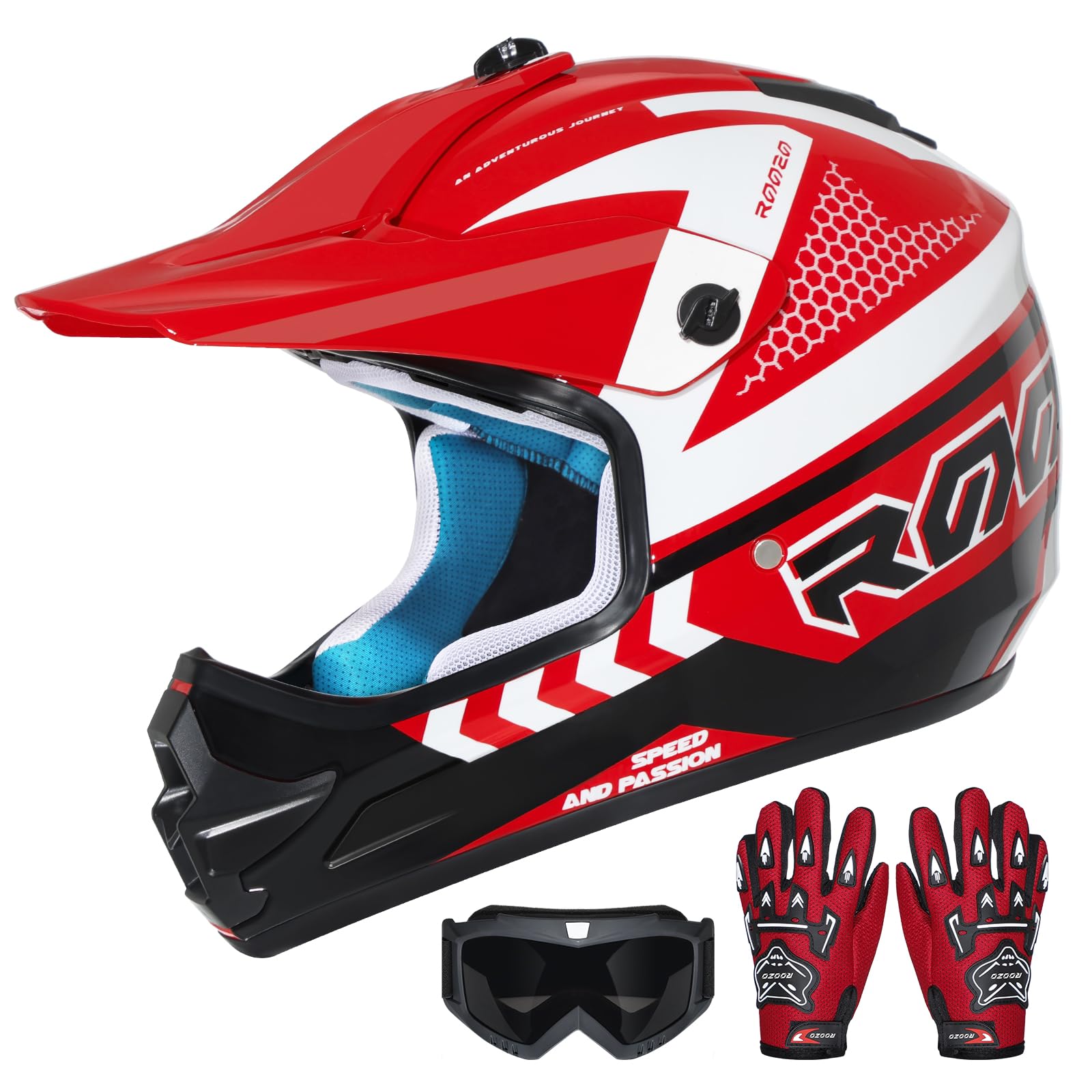 Youth Dirt Bike Helmet DOT Approved, Kids Motocross Full Face Helmet with Adjustable Goggles (Roozo)