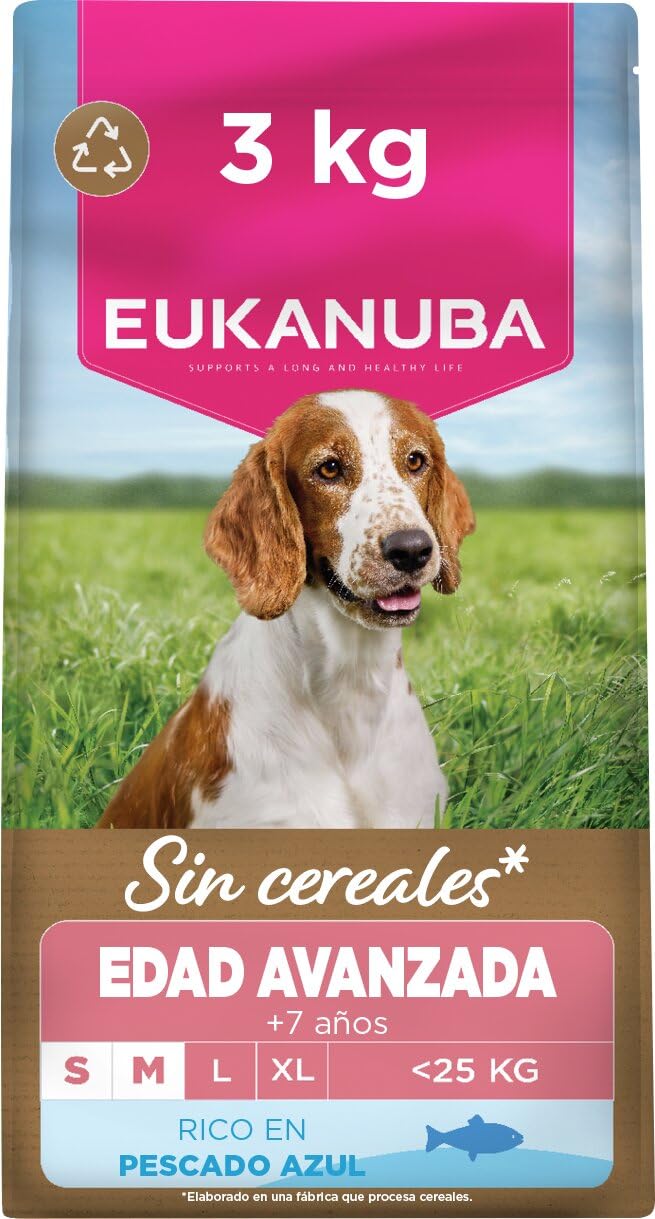 Eukanuba, alimento para Edad Avanzada sin Cereales con Pescado para Razas pequeñas y Medianas - Alimento seco Premium sin Cereales para Perros Senior, 3 kg