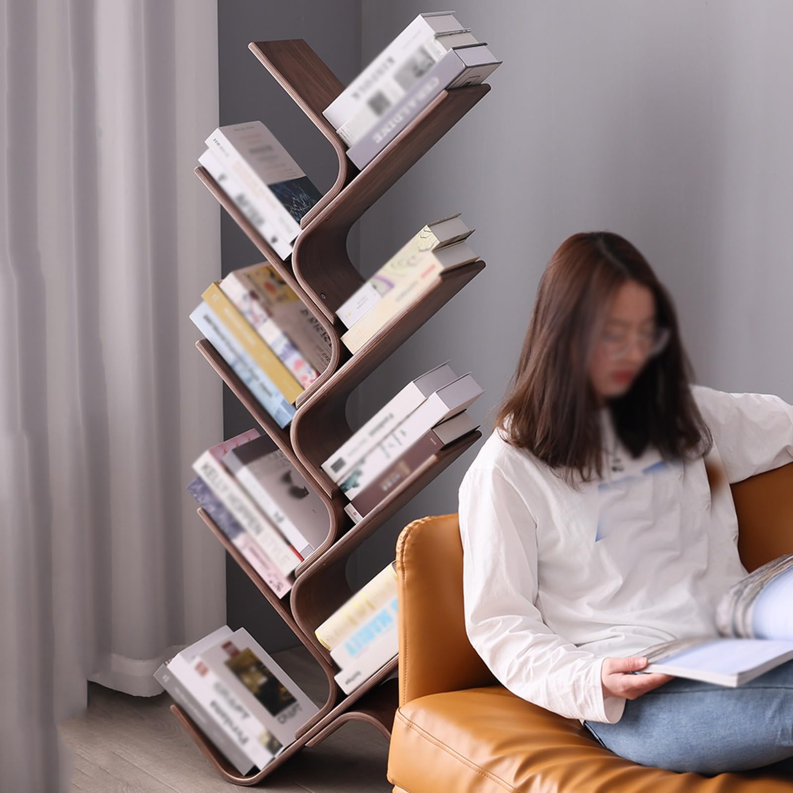Bücherregal aus Holz, 8 Ebenen, vertikales Aufbewahrungsregal, bodenstehend, Bücherregal für Schlafzimmer, Wohnzimmer, Heimbüro
