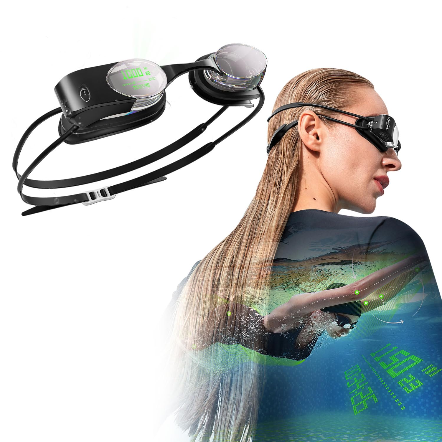 Occhialini da nuoto AR con fitness integrato IPX8 lenti -condensa e - graffi coaching basato su intelligenza artificiale visualizzazione dati in tempo reale tramite OLED trasparente compatibili l app