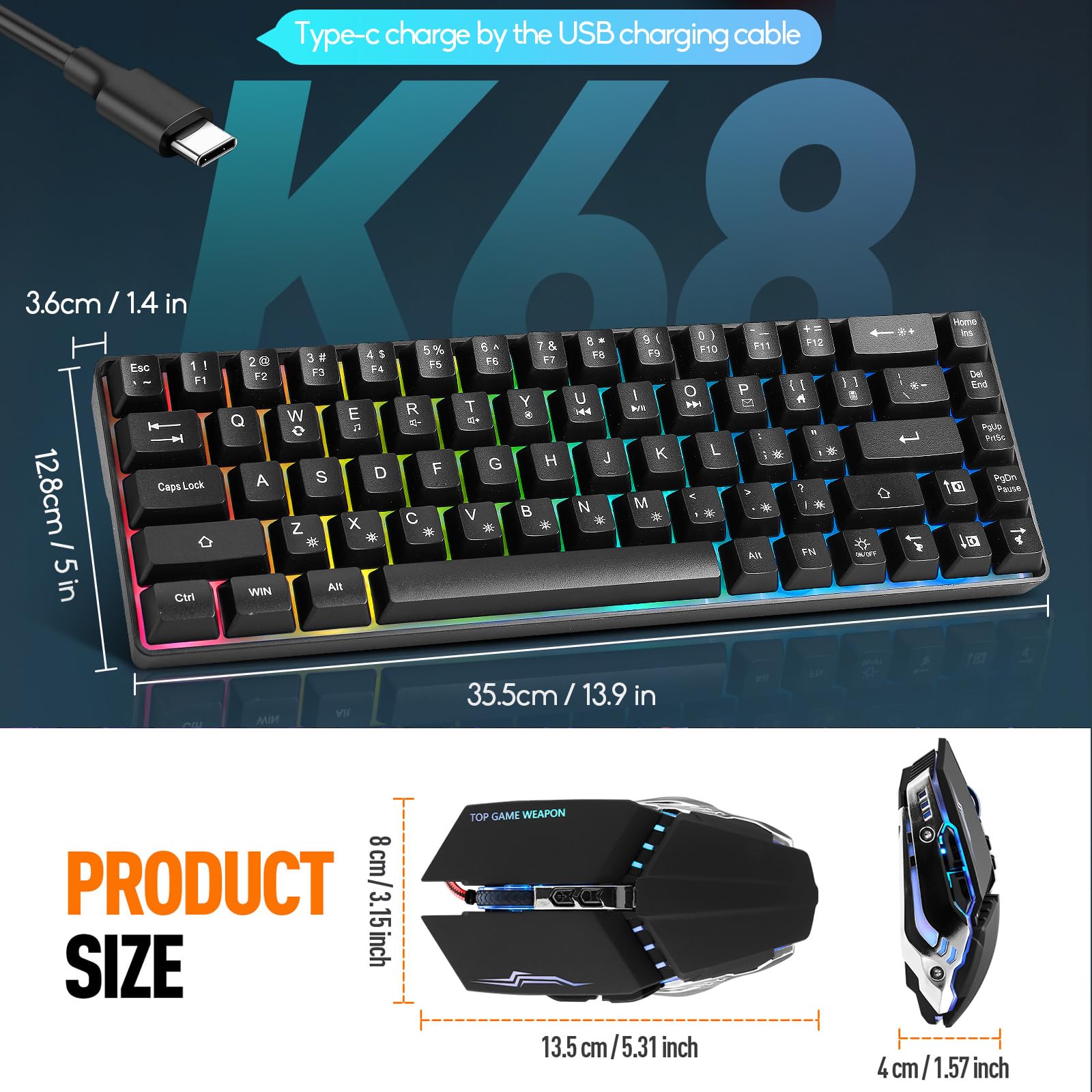 Guiheng Tastiera da gioco cablata al 60% e mouse, ultra-compatta a 61 tasti RGB retroilluminata, leggera ottica 3200 DPI, set da gioco cablato per Windows, PC, Mac, PS5, Xbox Gamer, (nero)