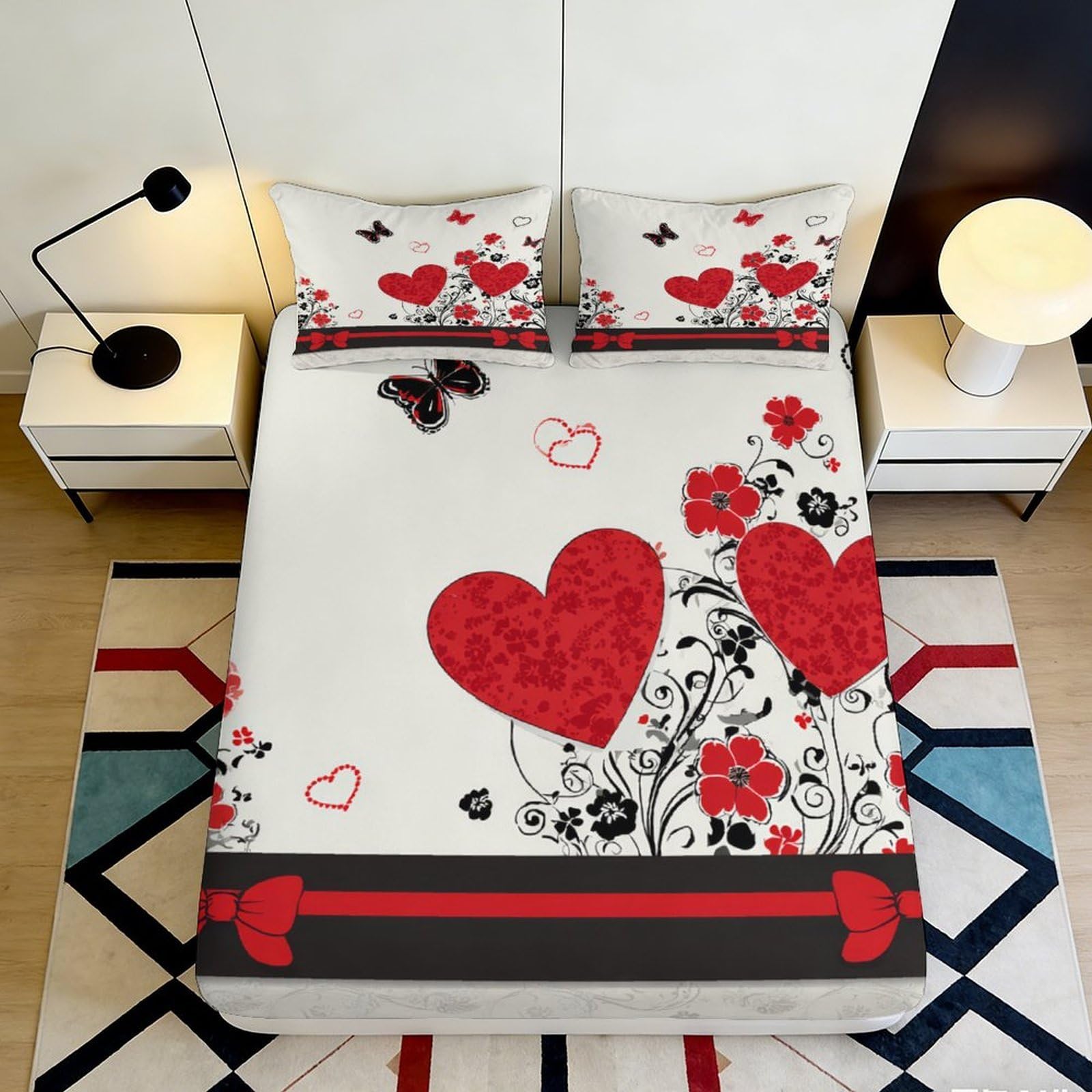 3D Printed romantic red heart Fitted Sheet, Microfiber soft touch, wrinkle resistant, home decor piece, guest room bedding, anti-slip, washable 90x200x25cm