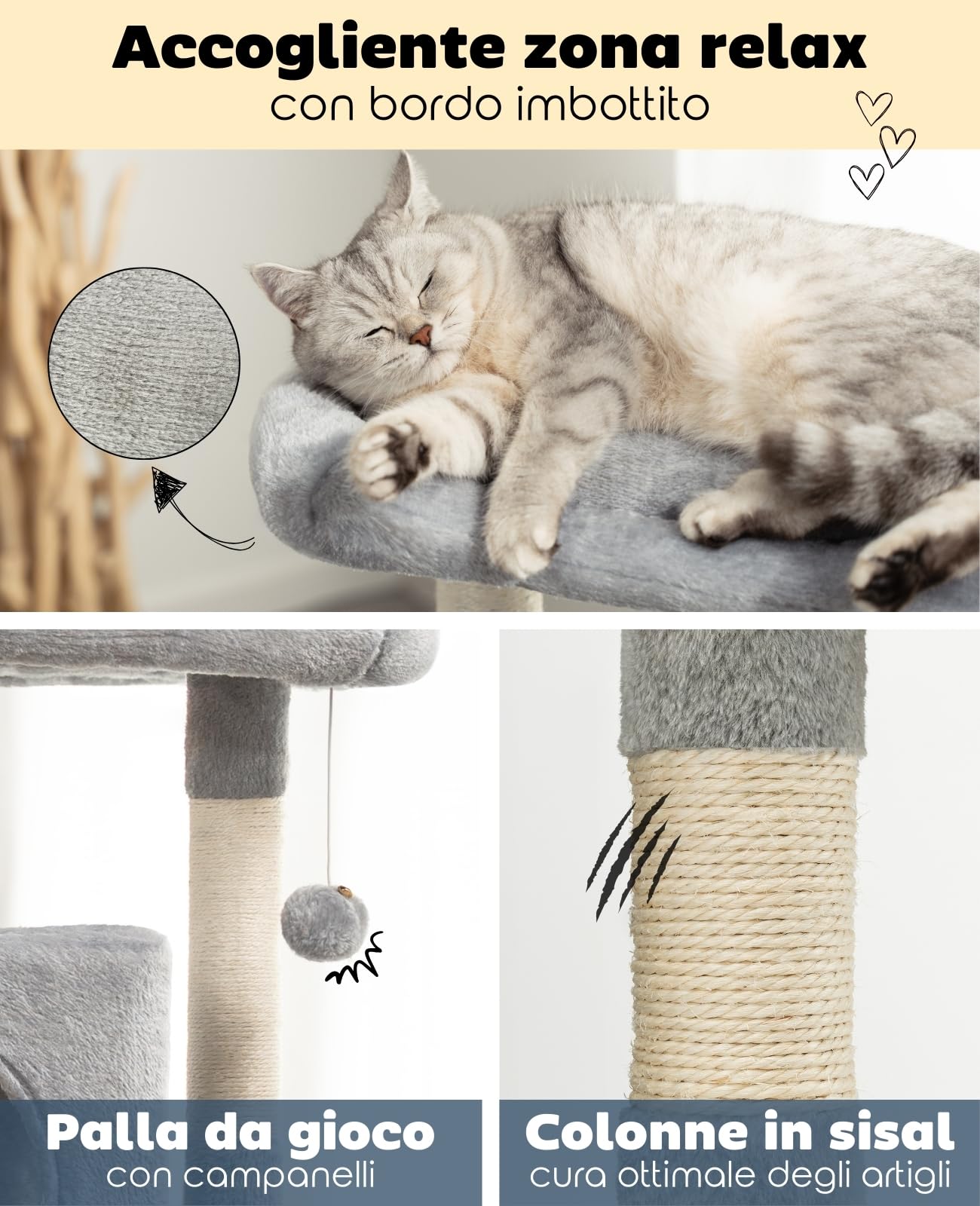 lionto Tiragraffi per Gatto Albero Tiragraffi Gatto Gioco Giocattolo Gatti Altezza 80 cm, Grigio Chiaro