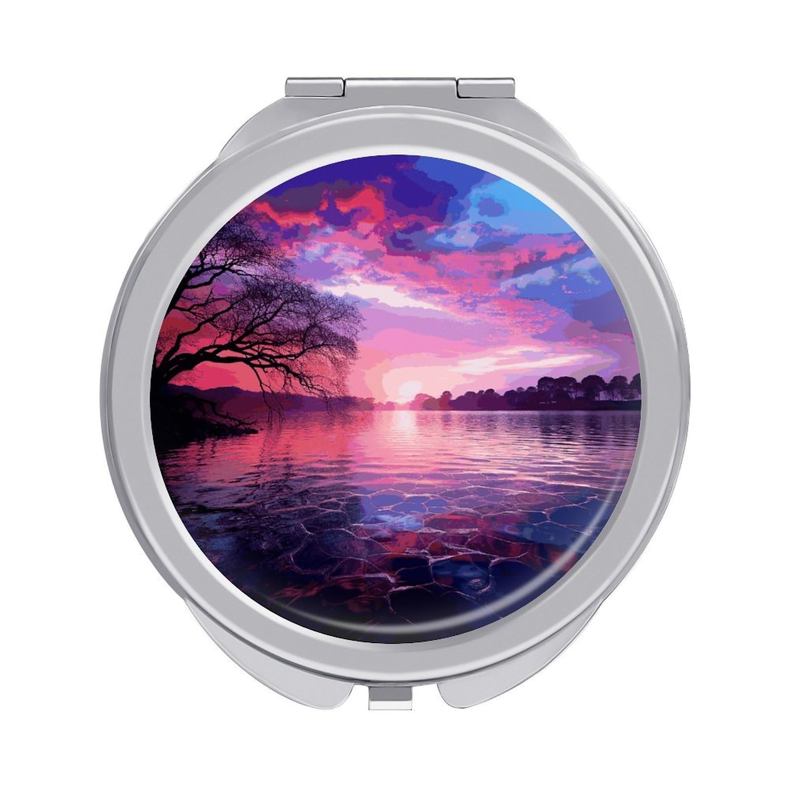 JTREHY Purple Sunset on Water Makeup Mirror Silver Mirror Surface Folding Makeups Mirrors Lightweight Durable Looking Glass for Suitable Traveling Handbag and Purses