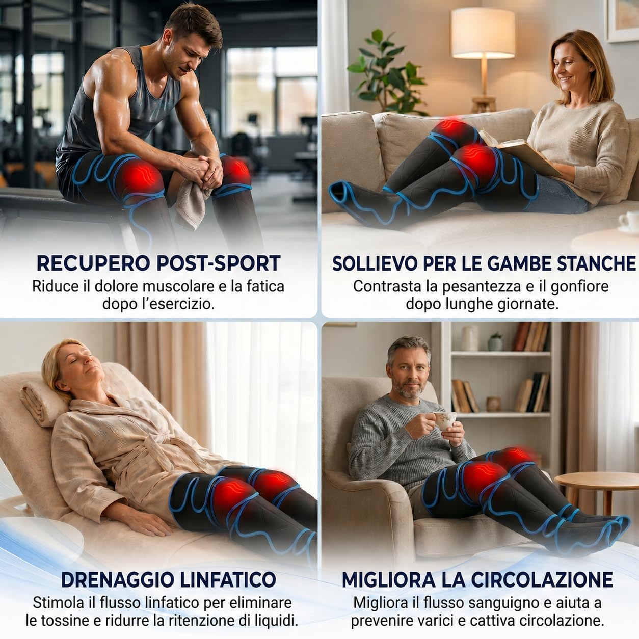 ECODE Pressoterapia Linfodrenaggio Massaggio Linfatico Drenante per Circolazione, Vene Varicose e Ritenzione Idrica Gambe Gonfie, Piedi, Polpacci e Caviglie – Gambali con Massaggiatore Linfodrenante