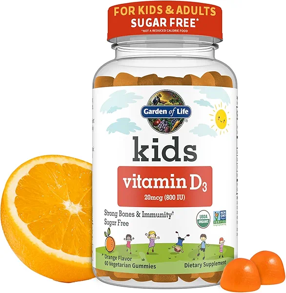 Garden of Life Kids Organic Vitamin D3 Gummies with 800 IU (100% Daily Value) for Strong Bones, Teeth, Brain & Immunity – Non-GMO, No Gluten, Vegetarian, Sugar Free, Orange Flavor, 60 Servin