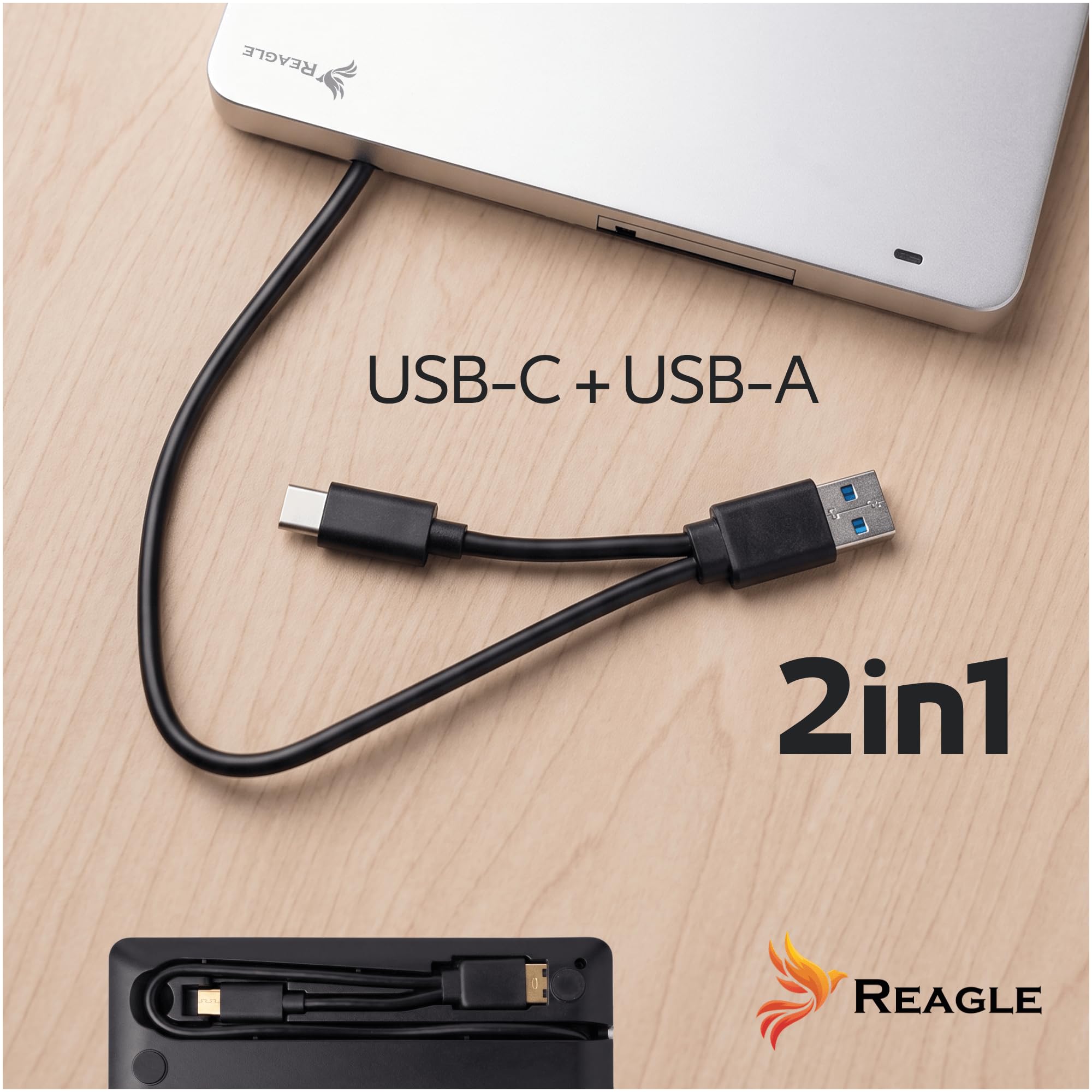 Reagle Lecteur Graveur CD DVD Externe Slot-in USB-C USB-A 2-en-1, USB 3.2 Gen 1 5 Gbit/s, CD 24x DVD 8X, Câble Intégré, Plug & Play pour PC Portable, Windows macOS Linux, Argent