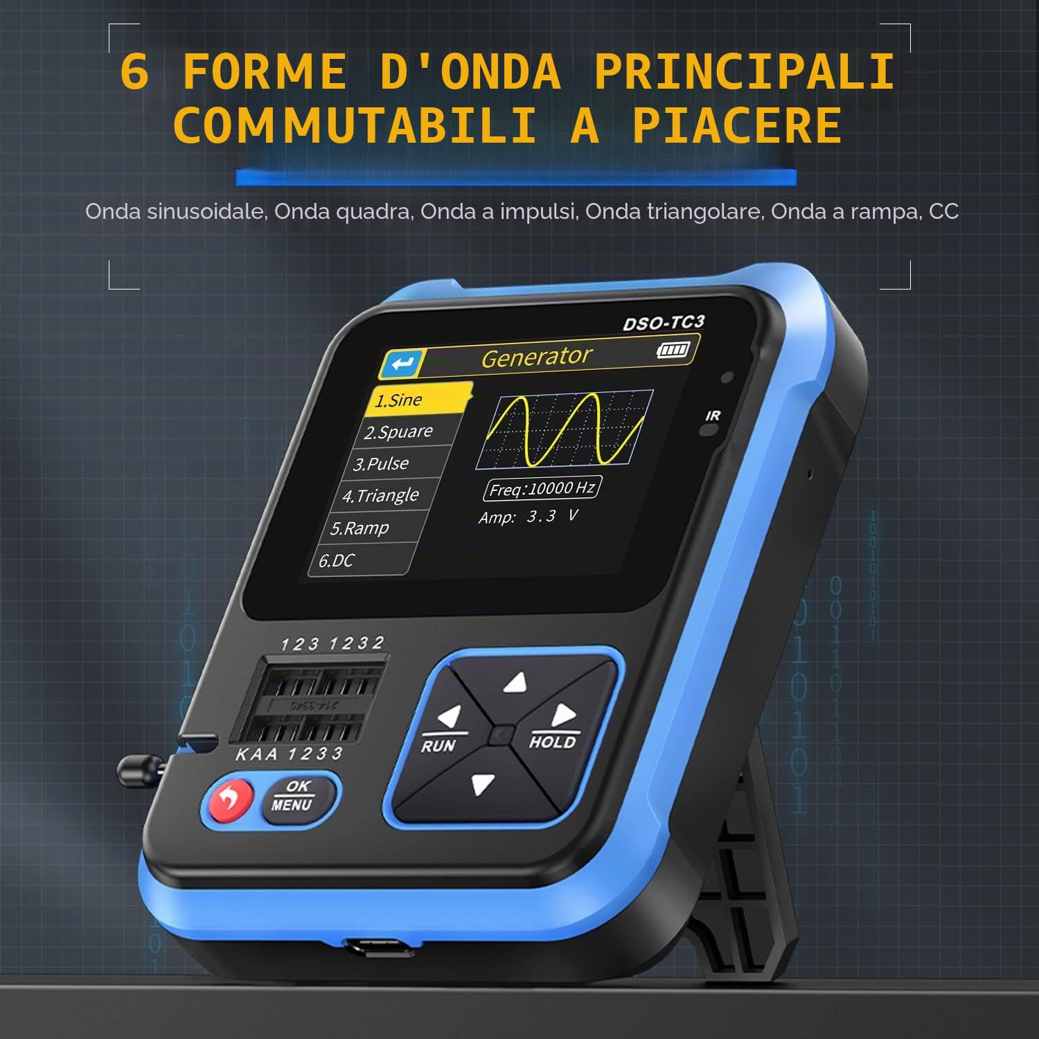 FNIRSI DSO-TC3 Oscilloscopio - 3IN1 Oscilloscopio Portatile & Generatore di Segnale DDS & Tester di Transistor, Larghezza di Banda 500kHz, Frequenza di Campionamento 10 MSa/s, 6 Tipi di Forme D'onda
