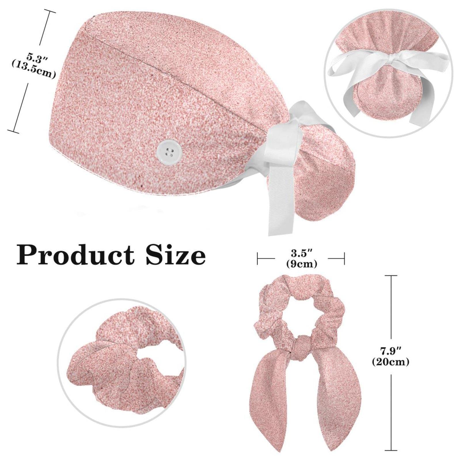 Pink Blush Glitter Scrub Cap, Adjustable Working Cap with Button, Bouffant Caps with Bow Hair Scrunchy