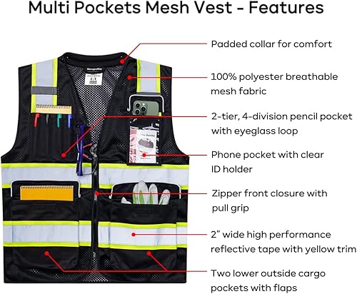 Miniatura 5 de Neopelta Chaleco de seguridad reflectante de malla negra, chaleco de alta visibilidad con bolsillos y cremallera, cuello acolchado, negro con ribete