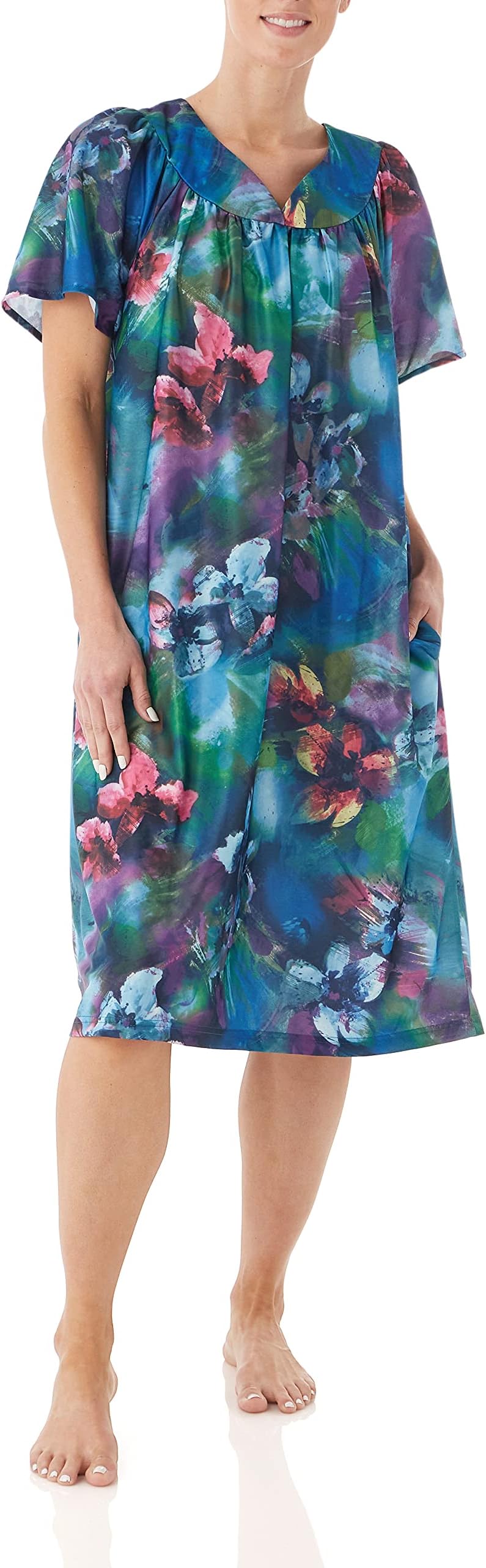 AmeriMark Casual Women’s Patio Muumuu House Dress Loose Comfortable Short Sleeve Sun Dress Lounger Gown Sleepwear for Ladies