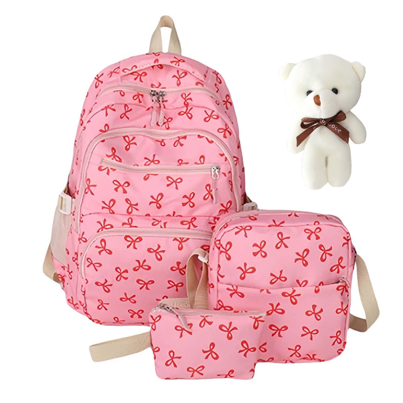 Jeeeun Bow Backpack for Girls, Coquette Bow Backpack - 3Pcs Set with Matching Pouch & Lunch Bag (Rose Red*A)