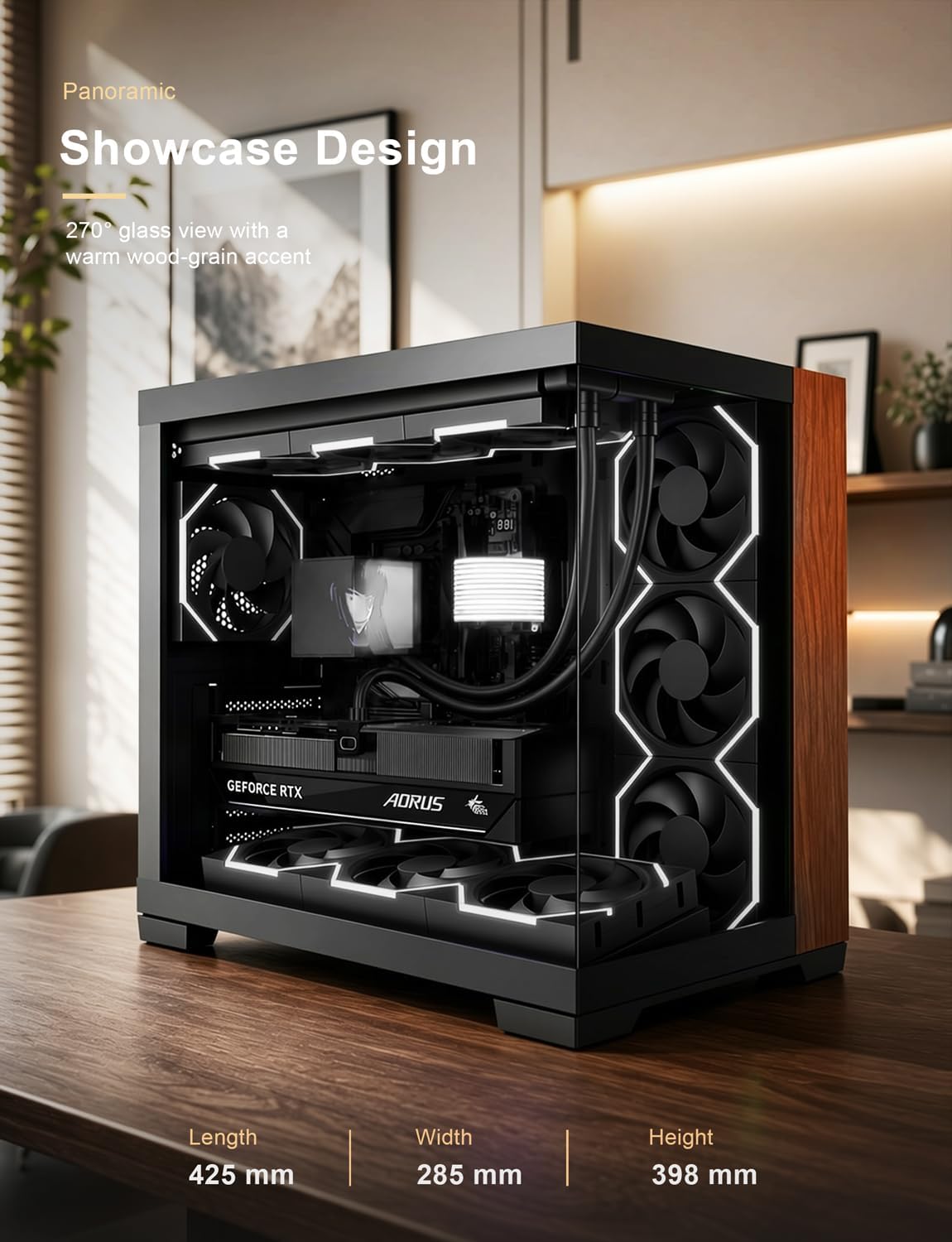 AsiaHorse SCUTUM ATX PC obudowa, panoramiczna środkowa wieża z akcentem słojów drewna, tylne połączenie ATX, szkło hartowane 4 mm, wspornik grzejnika 360 mm, typ C 20 Gb/s, wspornik wentylatora