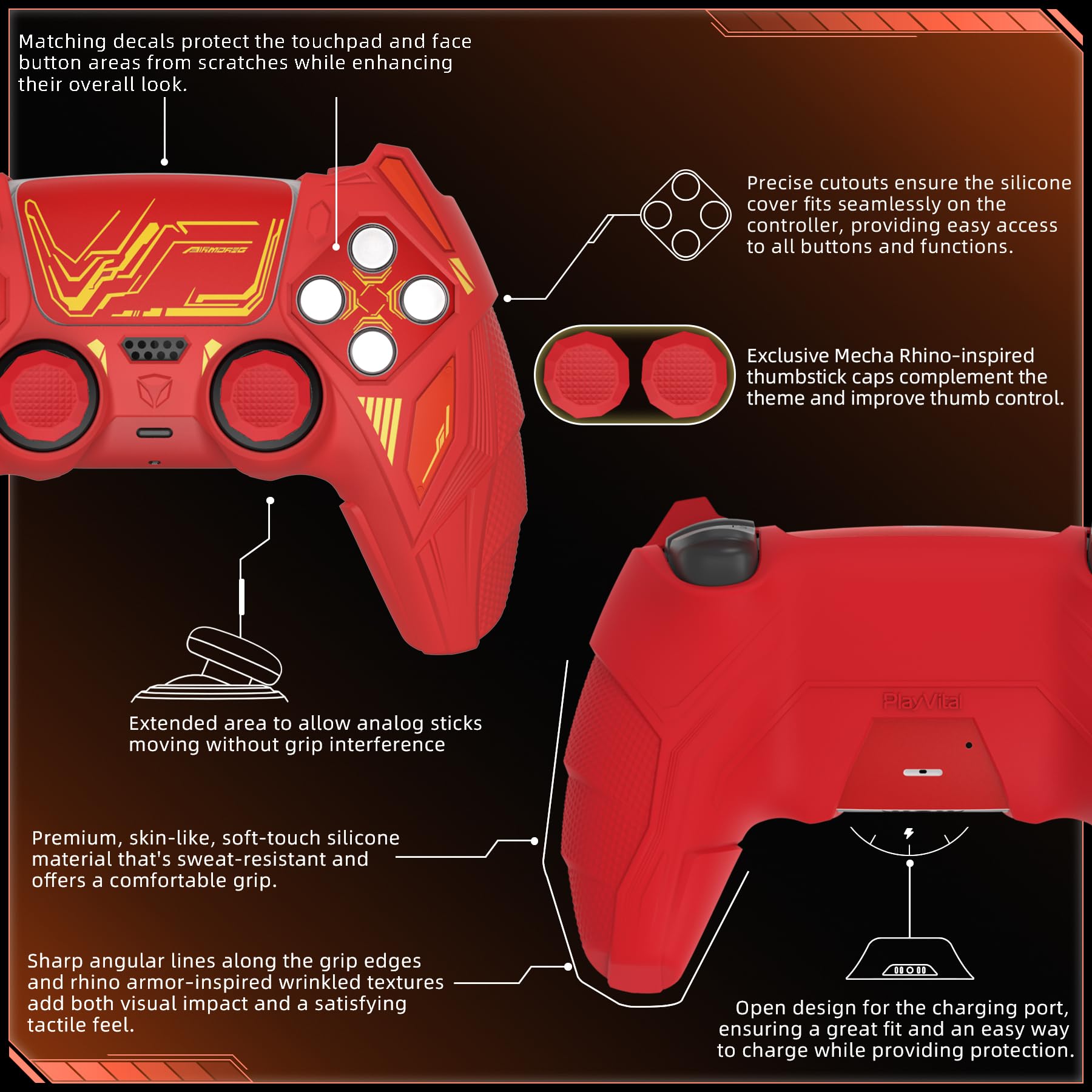PlayVital Etui Silikonowe do ps5 Kontroler,Obudowa Grip do ps5 Akcesoria z Ochroną Joysticków & Naklejka,Osłona Kompatybilne ze Stacją Ładującą–Klasyczny Czerwony & Ceglasty Czerwony,Mecha Rhino