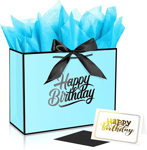 ysmile Blue Black Birthday Gift Bag with Tissue Paper for Men Boys 12.6" Party Favor Ribbon Solid Baby Shower
