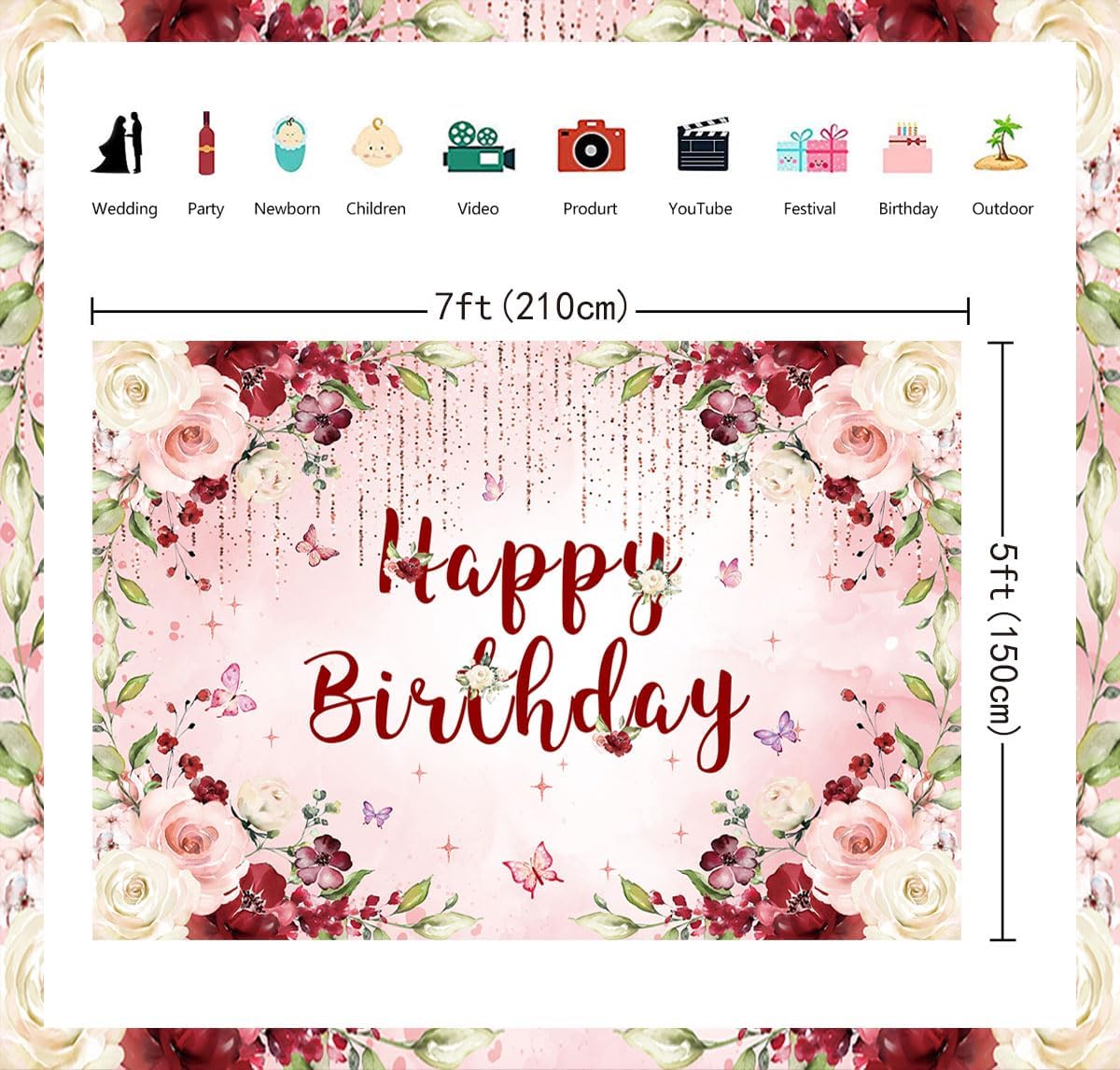 Burgundy Floral Happy Birthday Backdrop Glitter Pink Rose Flower Photography Background for Women Girls Floral Birthday Party Decorations Supplies Banner (7x5FT: 84x60 inch)