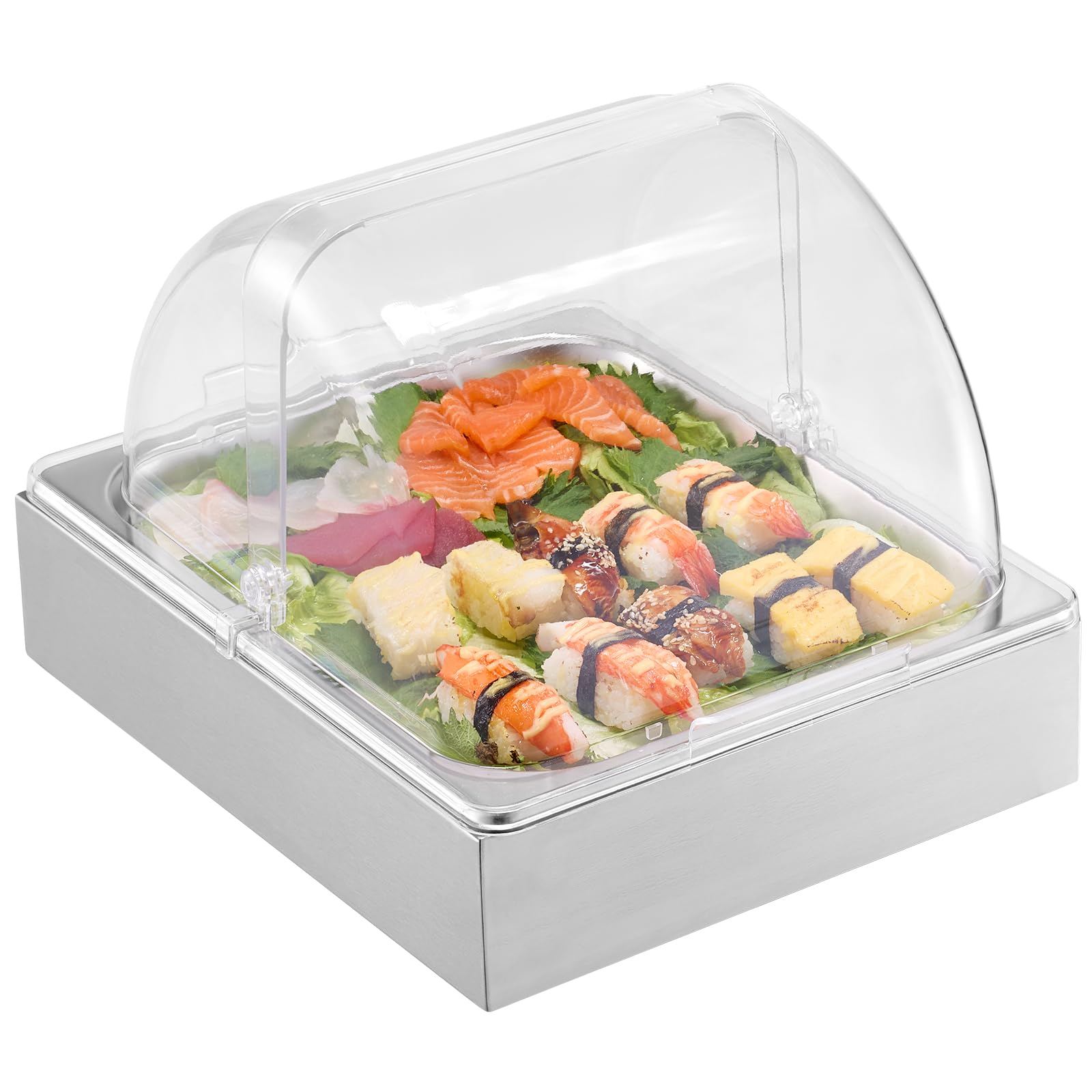 VEVOR Contenedor de Exhibición para Servir Alimentos sobre Encimera, de Acero Inoxidable, 1 x 1/2 Sartén, con Tapa Transparente y Bandeja de Hielo, para Restaurante, Fiesta, 345 x 276 x 245 mm