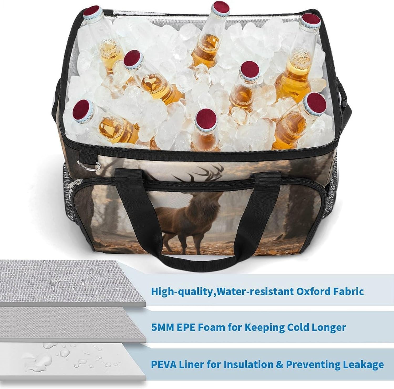 Insulated Picnic Backpack Tote Bag, Large Capacity 30L Rustic Deer Cooler Bag Leakproof Beach Bags Portable Lunch Box Waterproof Picnic Basket for Beach Camping BBQ