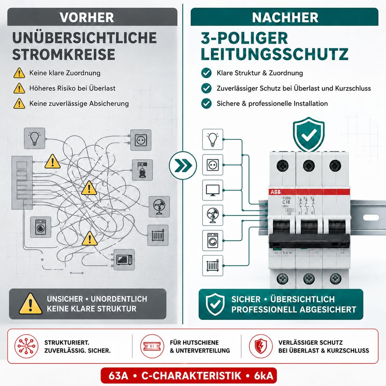 ABB S203-C63 Leitungsschutzschalter 3-polig C63A 6kA Sicherungsautomat Drehstrom LS-Schalter System pro M compact für Verteiler Hutschiene nach DIN EN 60898-1 Art. 2CDS253001R0634