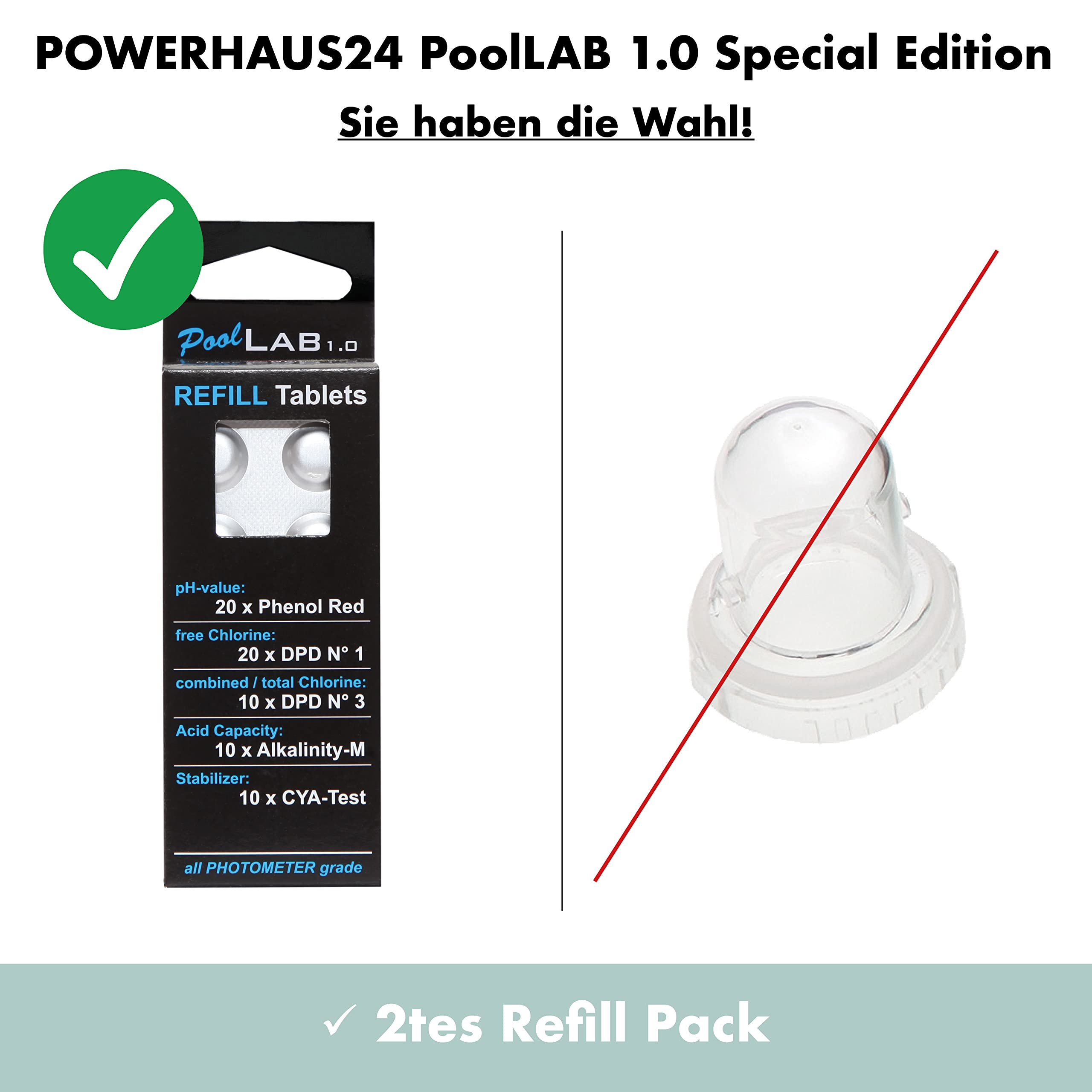 POWERHAUS24 Pool Lab Special Edition 13 en 1, Bluetooth 4.0, actualizaciones gratuitas, con accesorios y reactivos, EXTRA: 2 unidades de recarga con 70 reactivos