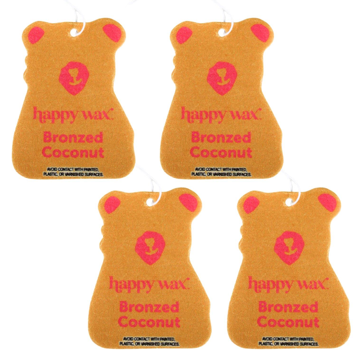 Happy Wax Bronzed Coconut Hanging Car Cub Air Freshener - Scented and Infused with Natural Essential Oils - Cute 4-Pack