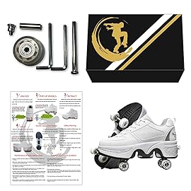 Double-Row Deform Wheel Automatic Walking Shoes Invisible Deformation Roller Skate 2 in 1 Removable Pulley Skates Skating Parkour (Silver, US 5)