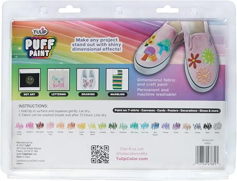 Tulip Puff Paint 20-Color Party Pack, Multi-Surface, Premium Quality, Nontoxic & Waterproof Craft Paint, Permanent on Fabric, Mellow Rainbow