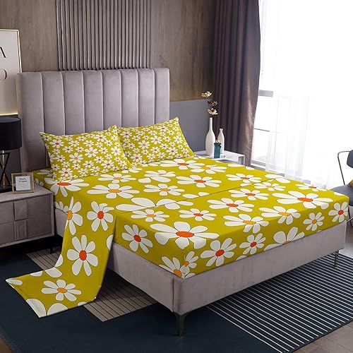 Miniatura 31 de Juego de sábanas retro floral de los 70 de tamaño individual, juego de decoración de cama con flores hippie y hojas con 1 sábana encimera y 1 sábana